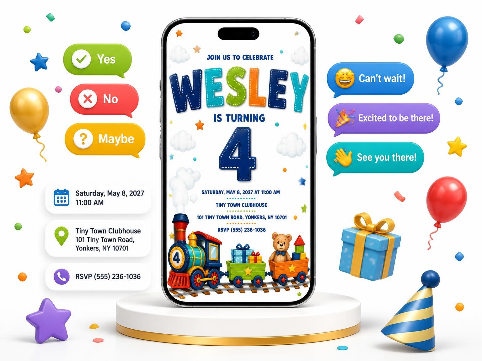 The Train Wagons Stitched 4th Birthday Invitation invitation on a phone, with guest RSVPs arriving around it