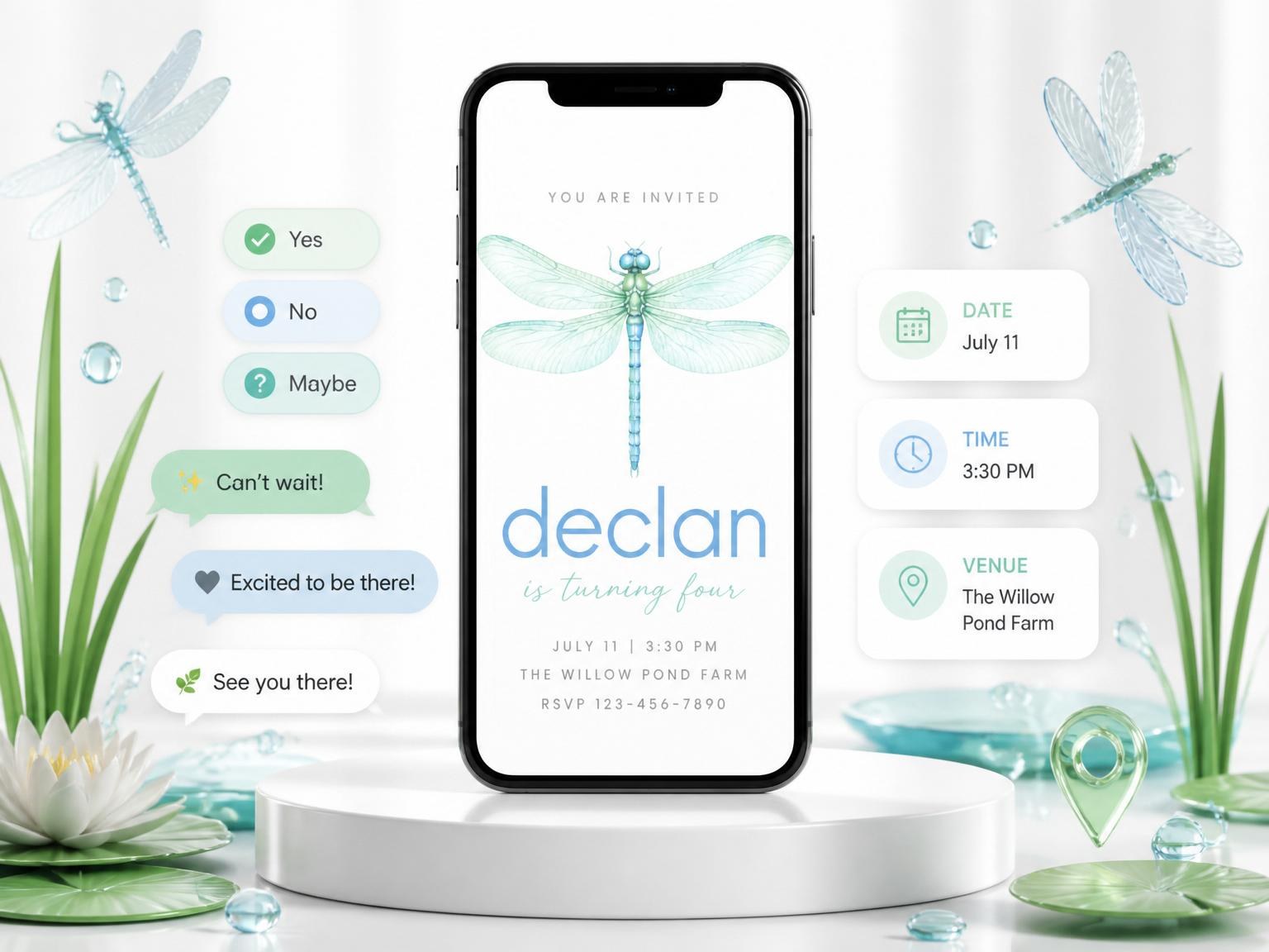 The Watercolor Blue Dragonfly 4th Birthday Invitation invitation on a phone, with guest RSVPs arriving around it