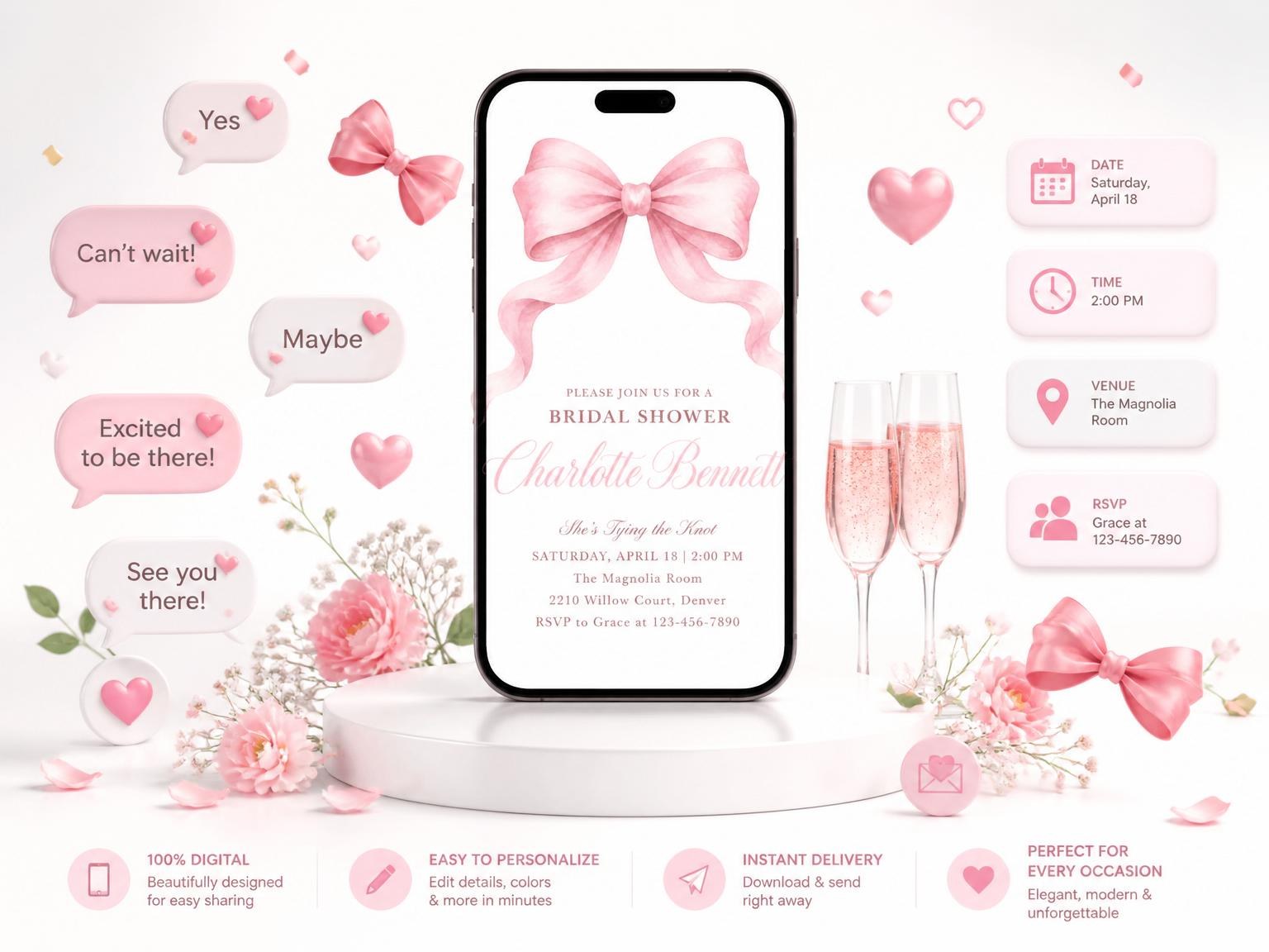 The Pink Watercolor Bow Bridal Shower invitation on a phone, with guest RSVPs arriving around it