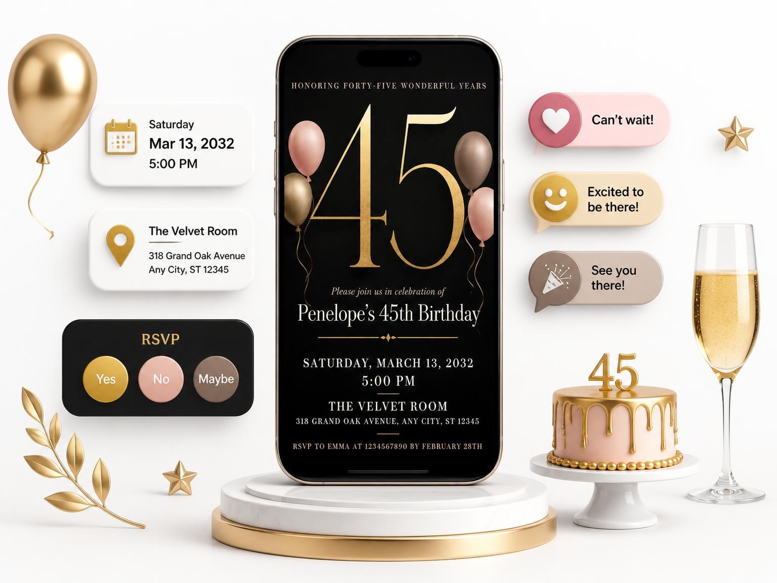 The Charcoal and Blush 45th Birthday Invitation invitation on a phone, with guest RSVPs arriving around it