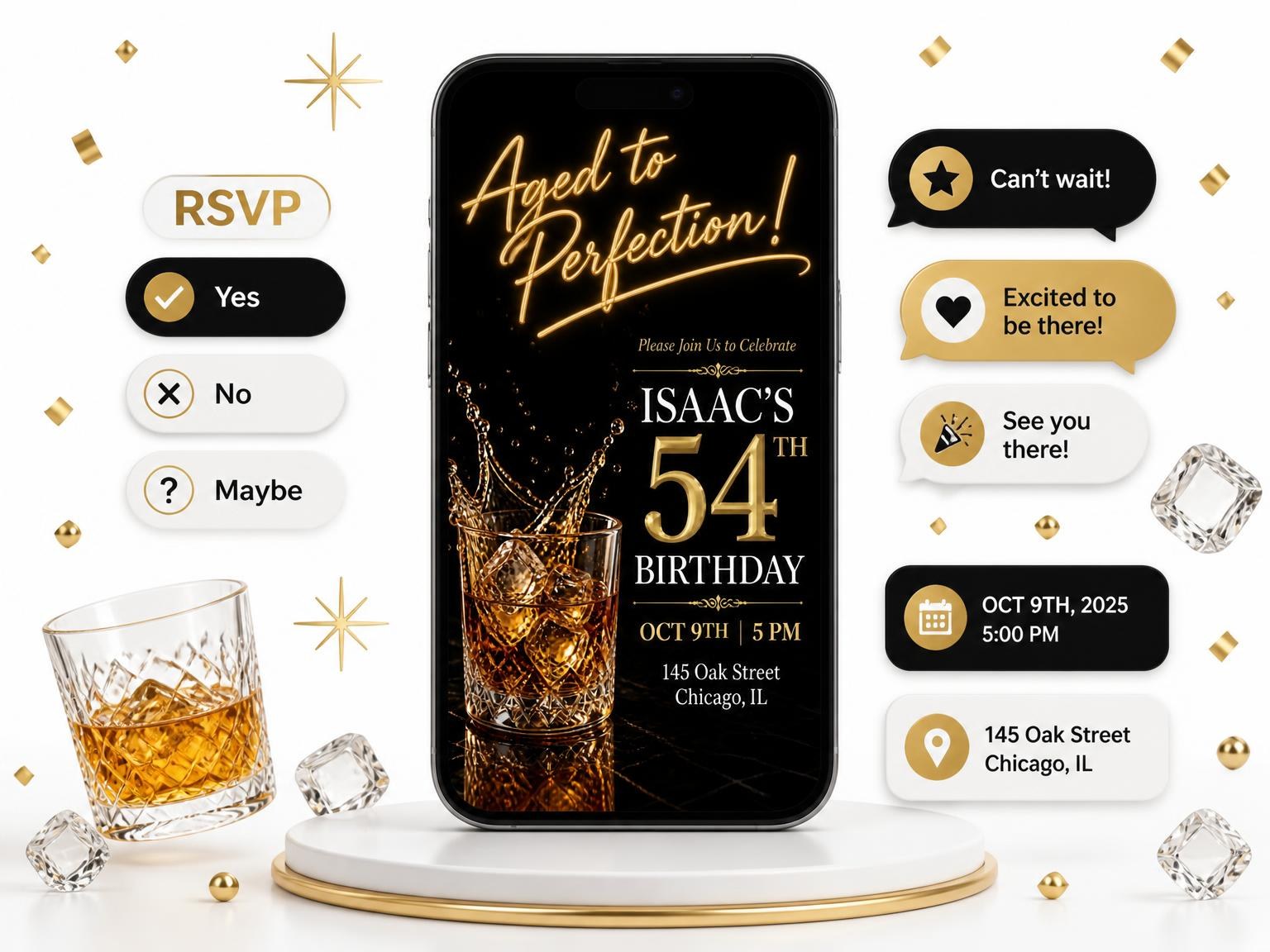 The Aged to Perfection 54th Birthday Invitation invitation on a phone, with guest RSVPs arriving around it