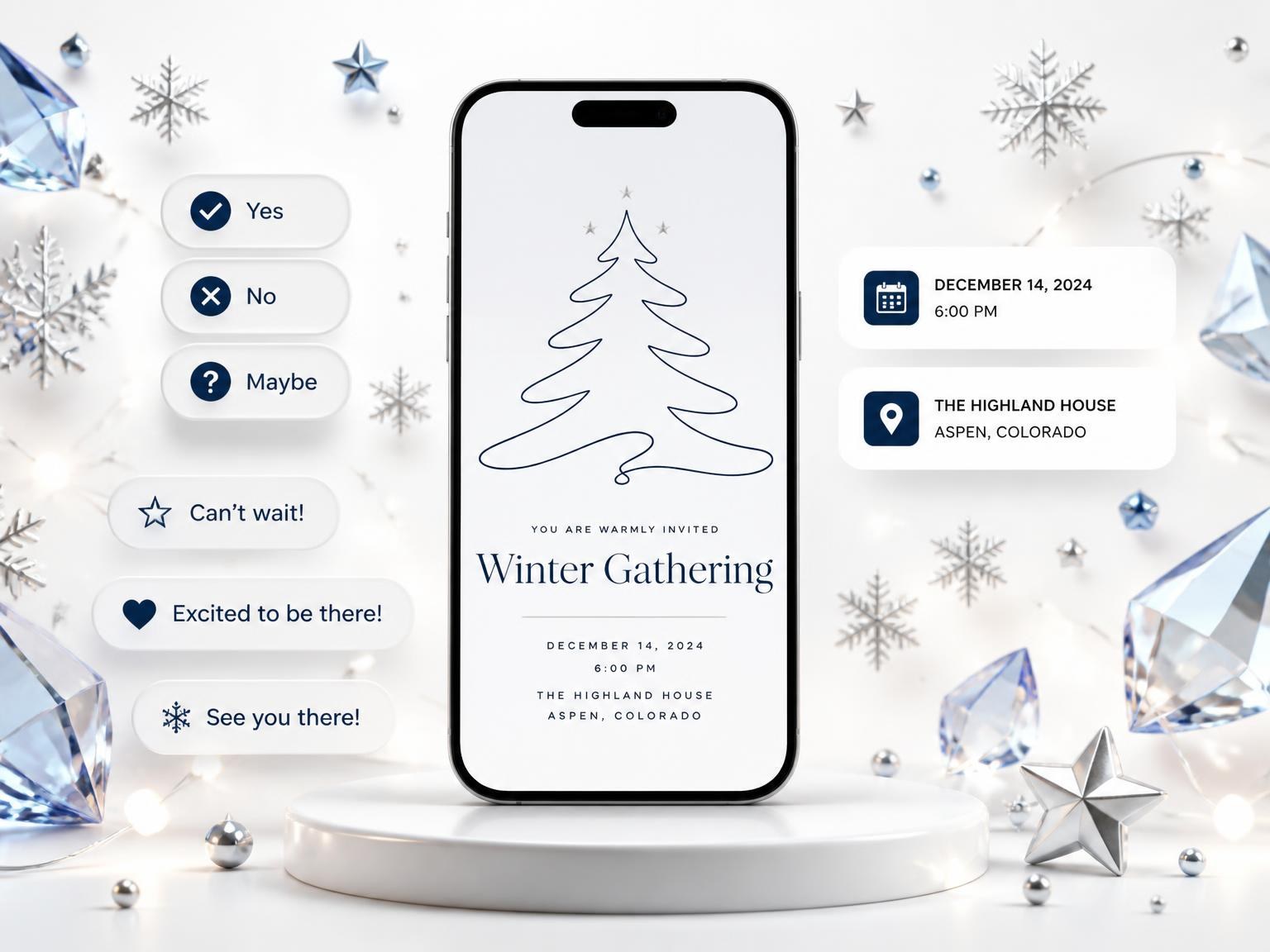 The Blue Gradient Line Art Winter Party invitation on a phone, with guest RSVPs arriving around it