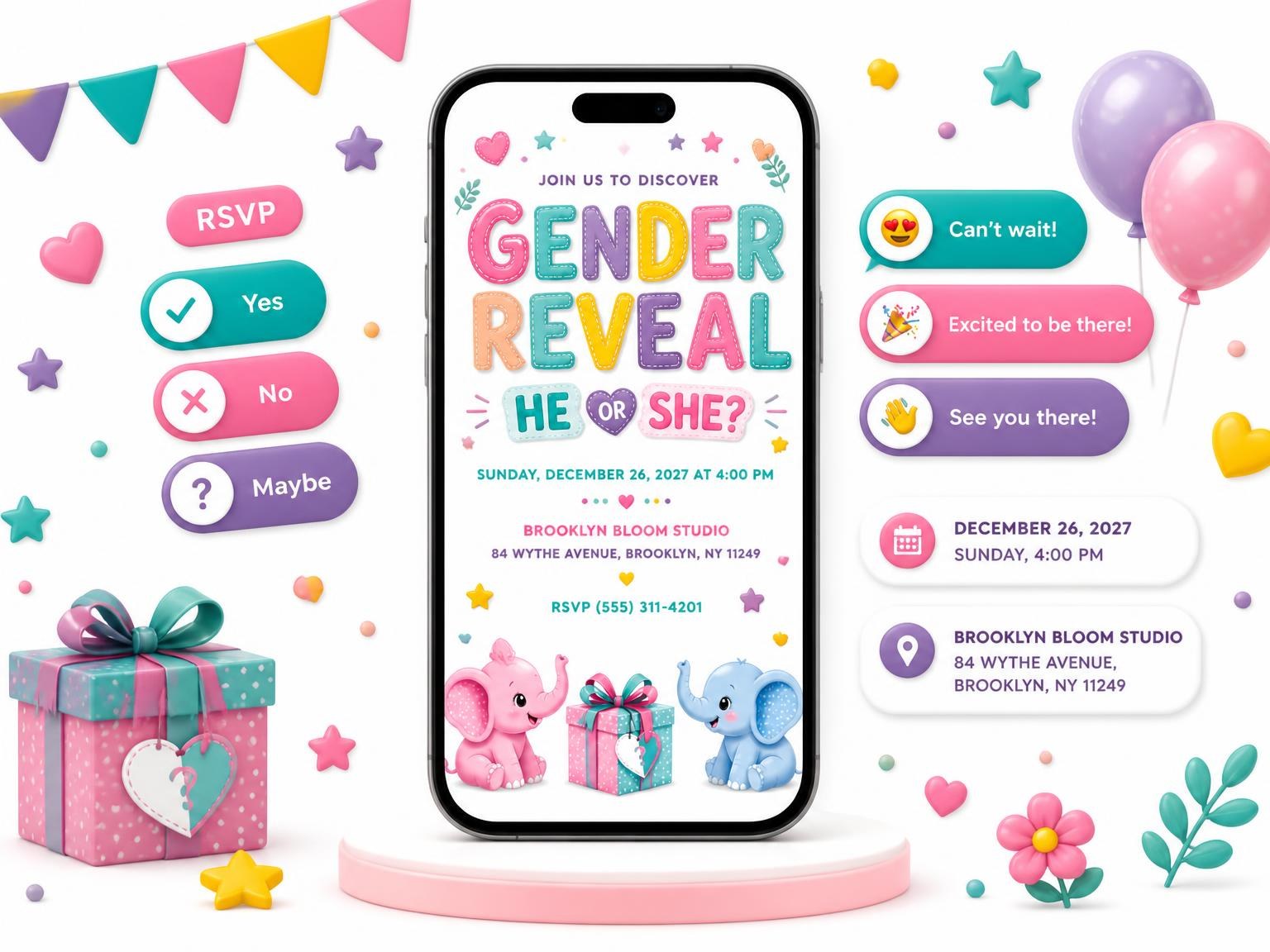 The Baby Elephant Gender Reveal Invitation invitation on a phone, with guest RSVPs arriving around it