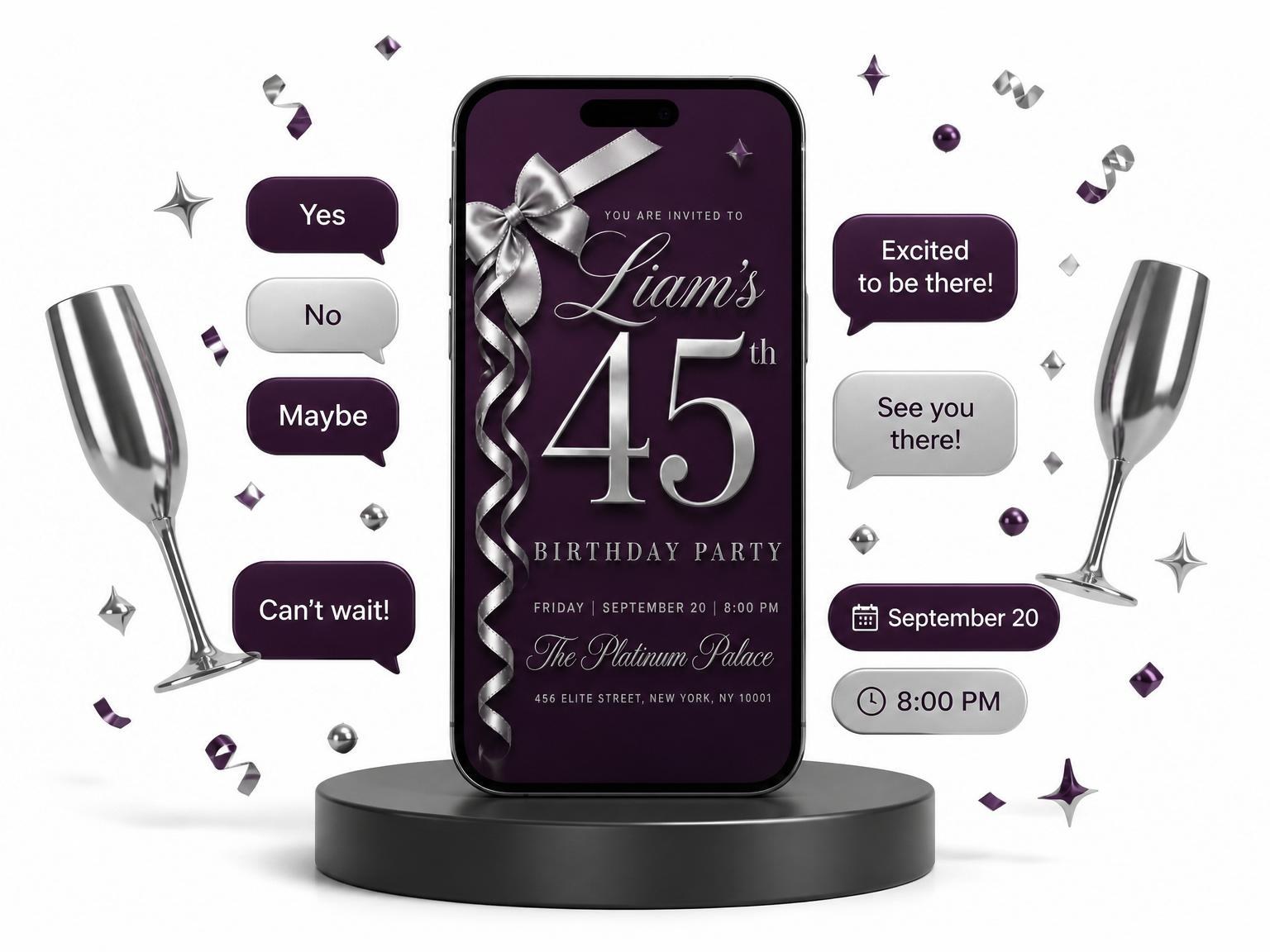 The Royal Purple Silver Ribbon 45th Birthday invitation on a phone, with guest RSVPs arriving around it