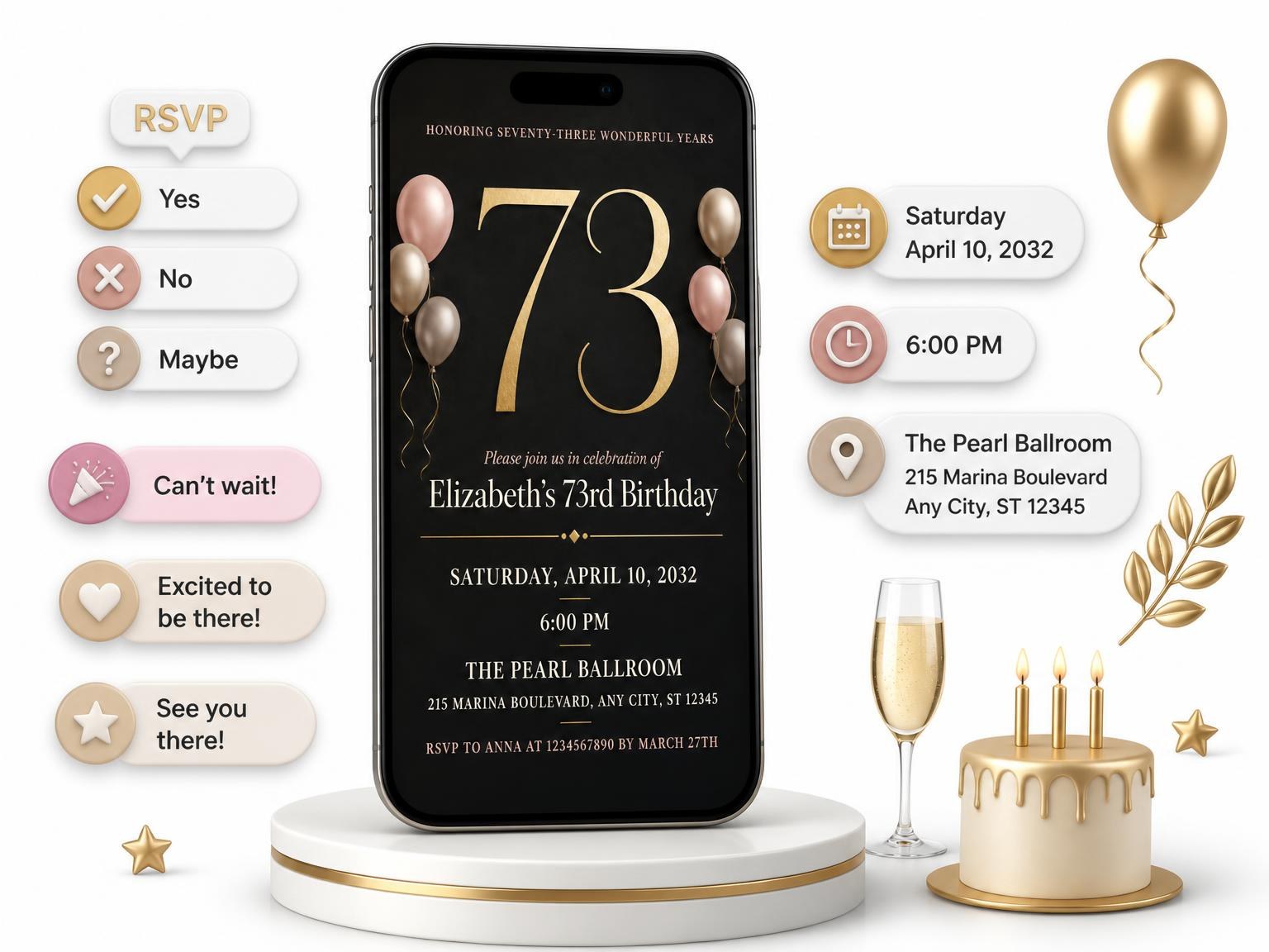 The Charcoal and Blush 73rd Birthday Invitation invitation on a phone, with guest RSVPs arriving around it