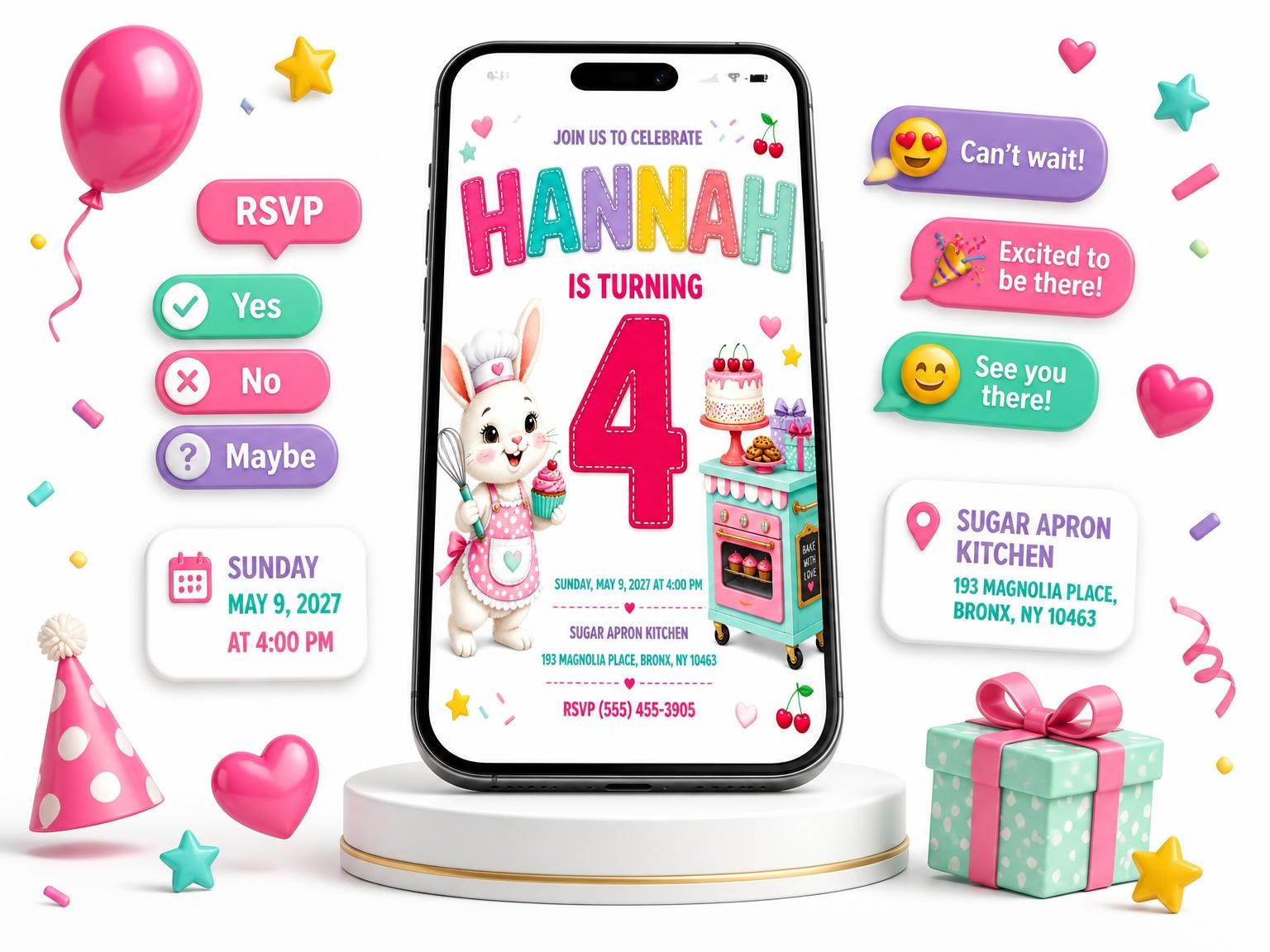 The Play Oven Stitched 4th Birthday Invitation invitation on a phone, with guest RSVPs arriving around it