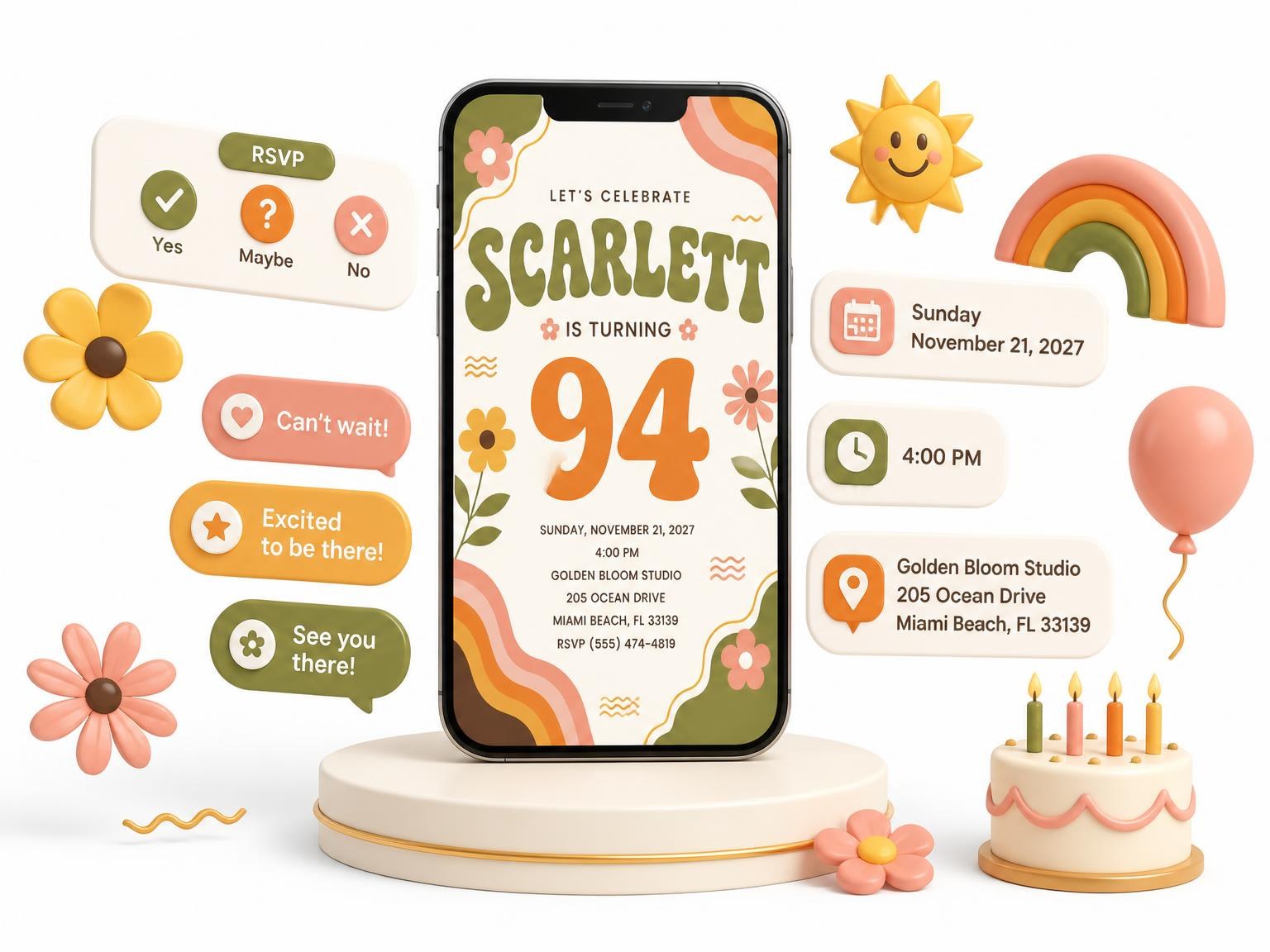 The Groovy Retro 94th Birthday Invitation invitation on a phone, with guest RSVPs arriving around it