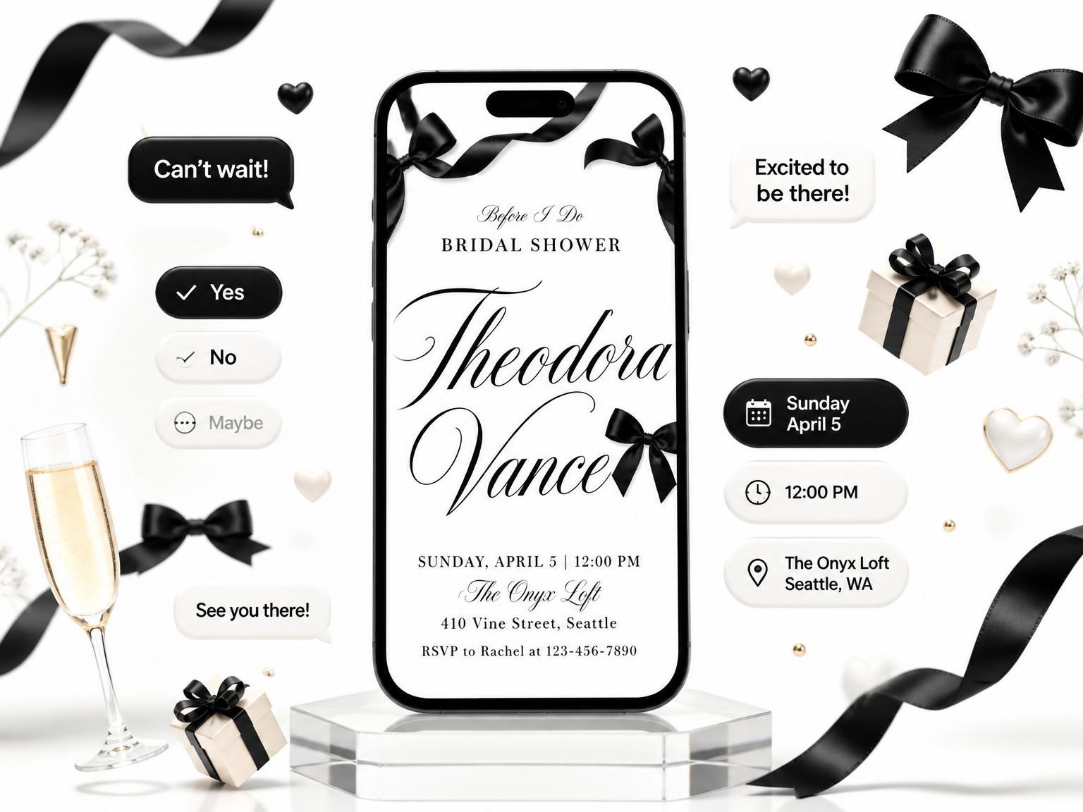 The Black Satin Ribbon Bridal Shower invitation on a phone, with guest RSVPs arriving around it