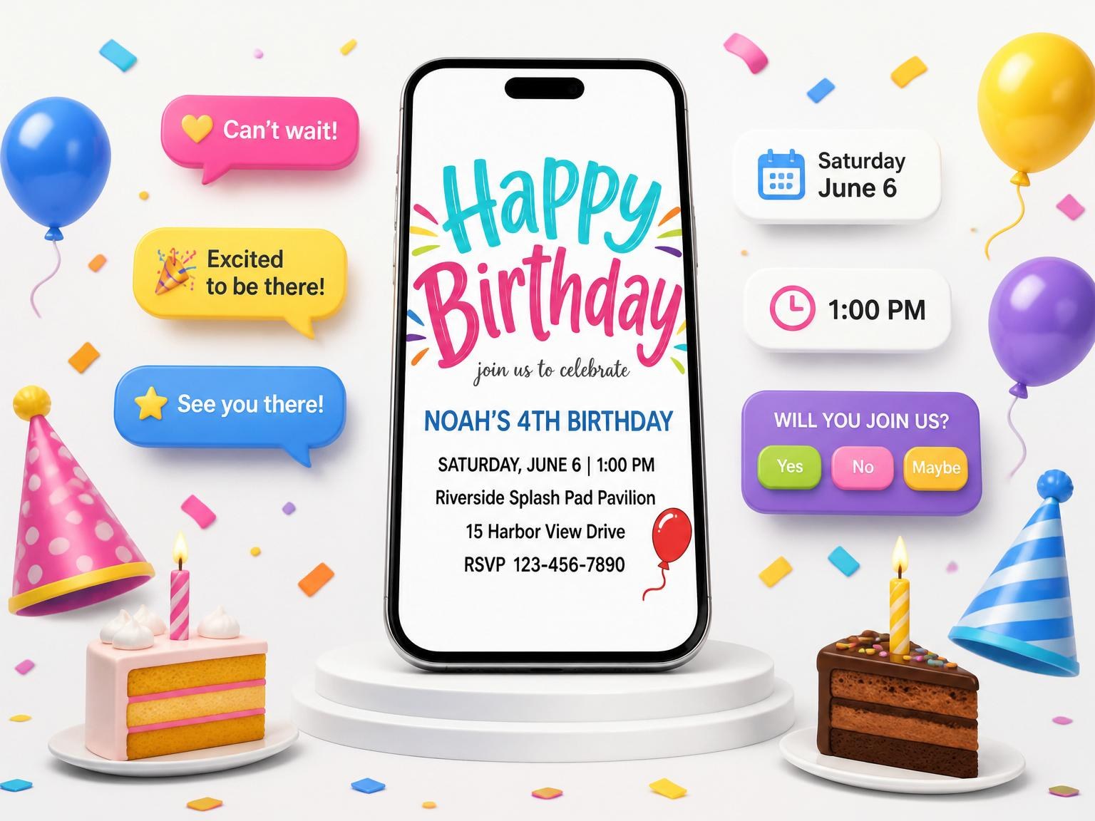 The Primary Color Balloon 4th Birthday Invitation invitation on a phone, with guest RSVPs arriving around it