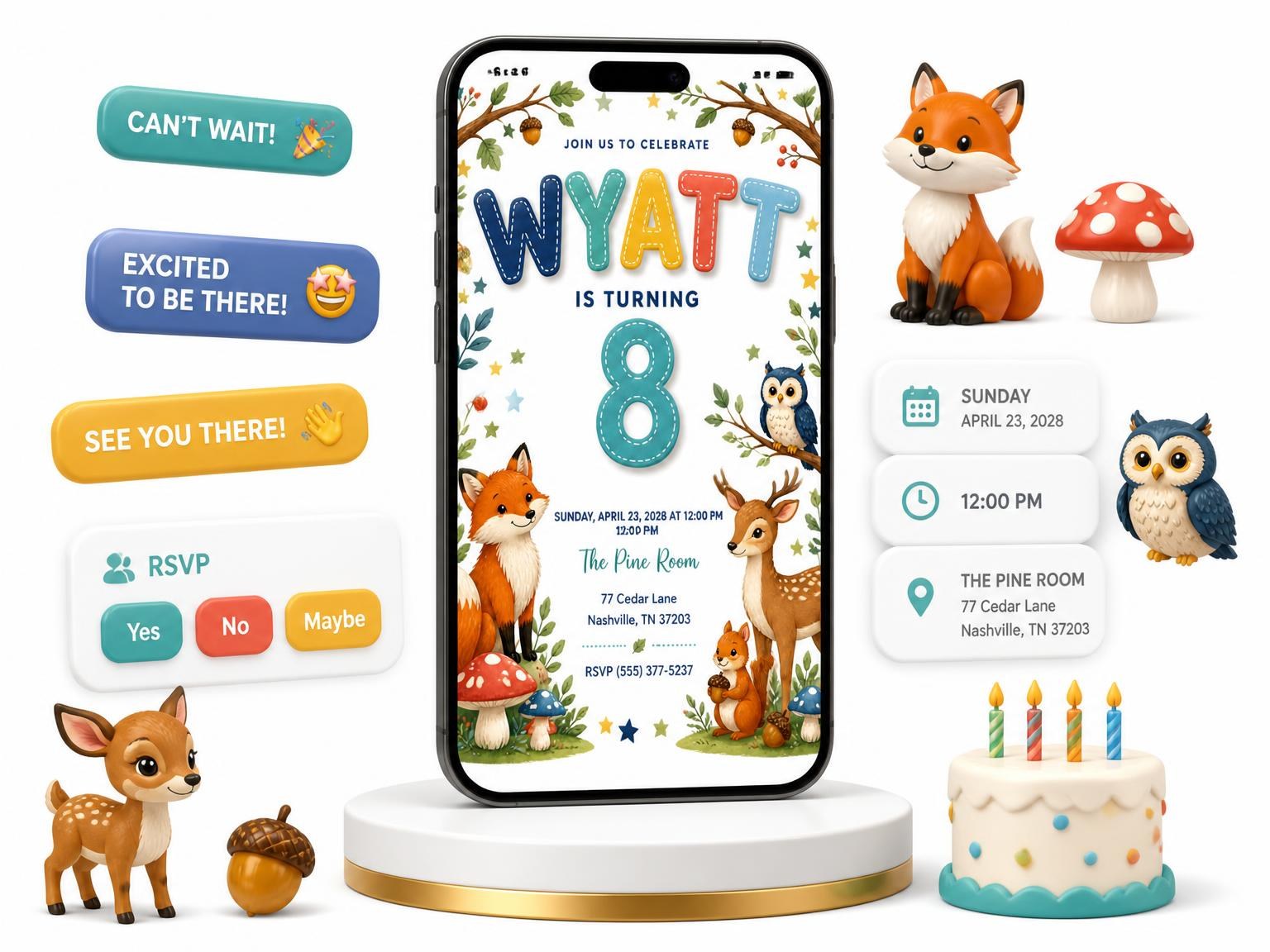 The Stitched Woodland 8th Birthday Invitation invitation on a phone, with guest RSVPs arriving around it