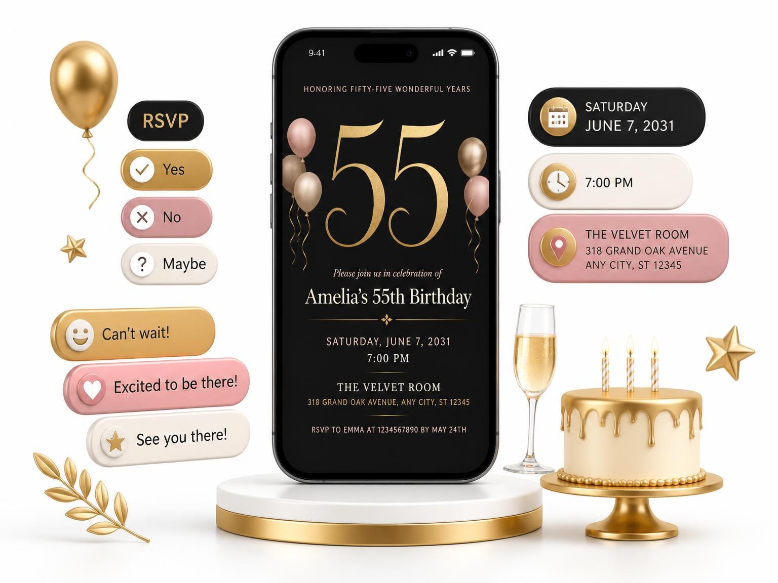 The Charcoal and Blush 55th Birthday Invitation invitation on a phone, with guest RSVPs arriving around it