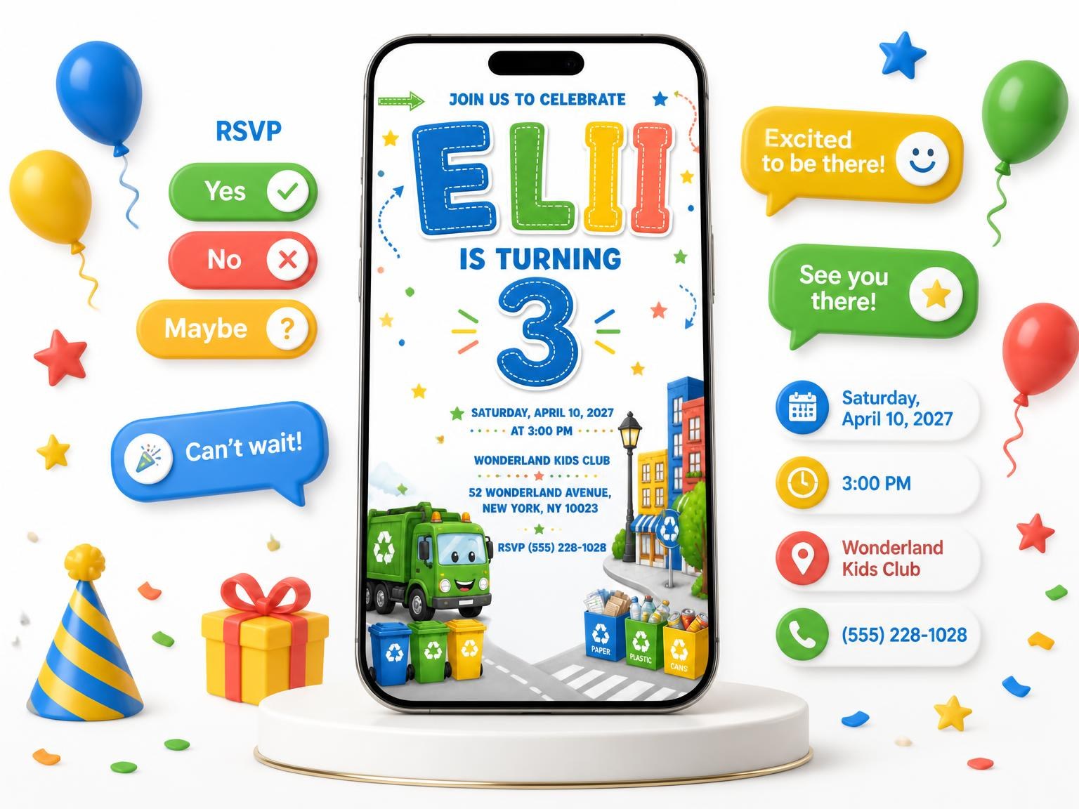 The Recycling Bins Stitched 3rd Birthday Invitation invitation on a phone, with guest RSVPs arriving around it