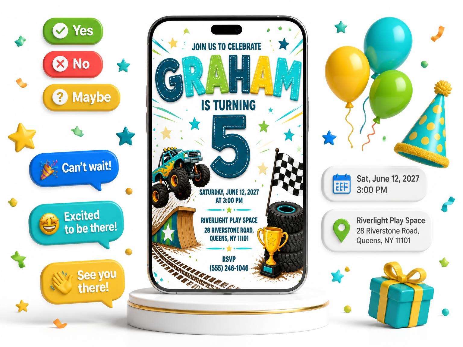 The Racing Flag Stitched 5th Birthday Invitation invitation on a phone, with guest RSVPs arriving around it