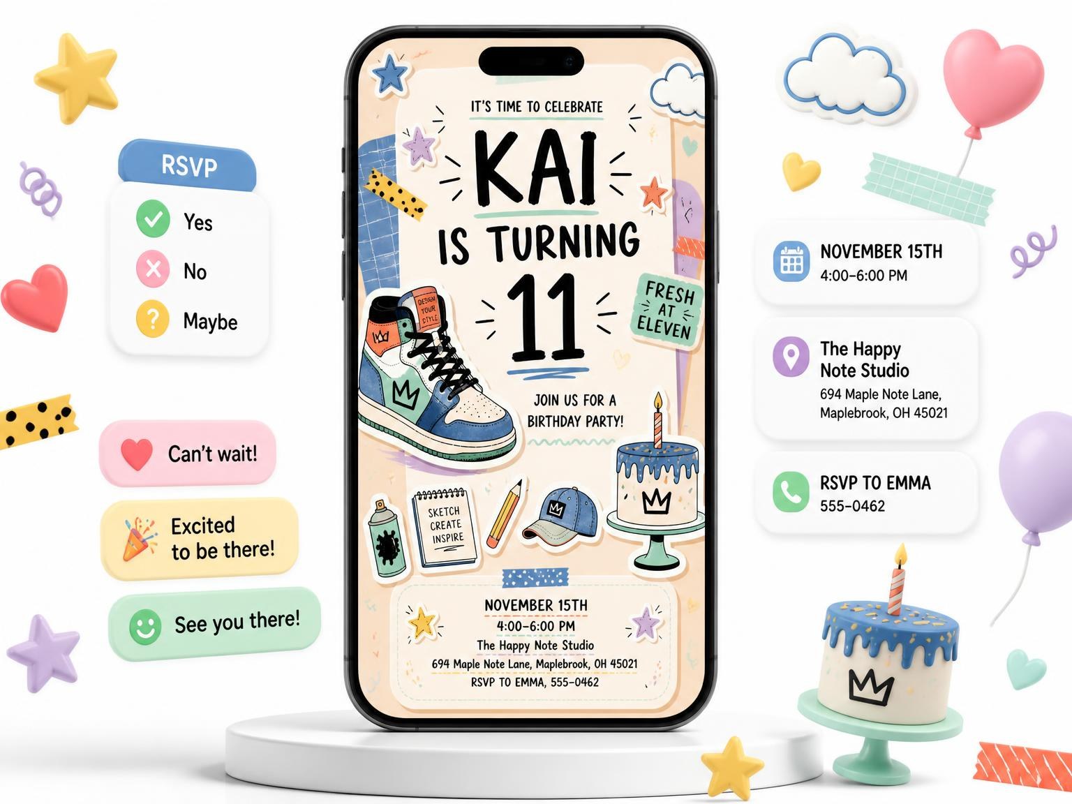The Pastel Custom Sneaker 11th Birthday Invitation invitation on a phone, with guest RSVPs arriving around it