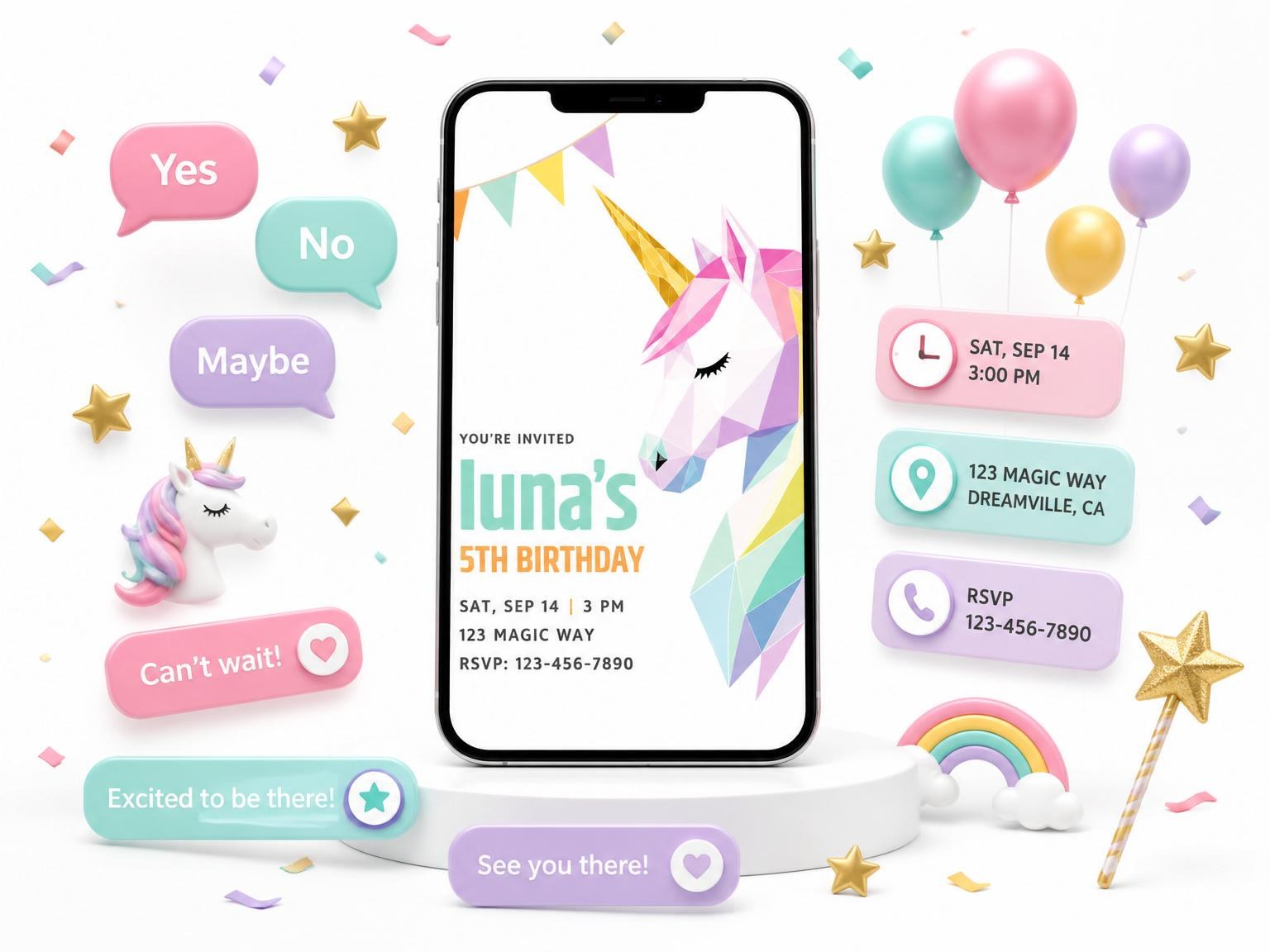 The Pastel Geometric Unicorn 5th Birthday Invitation invitation on a phone, with guest RSVPs arriving around it