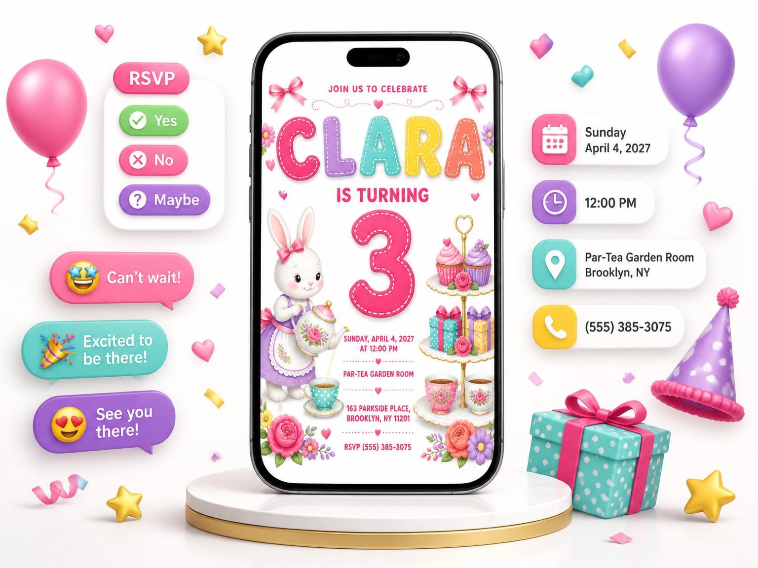 The Stitched Bunny Tea Party 3rd Birthday Invitation invitation on a phone, with guest RSVPs arriving around it