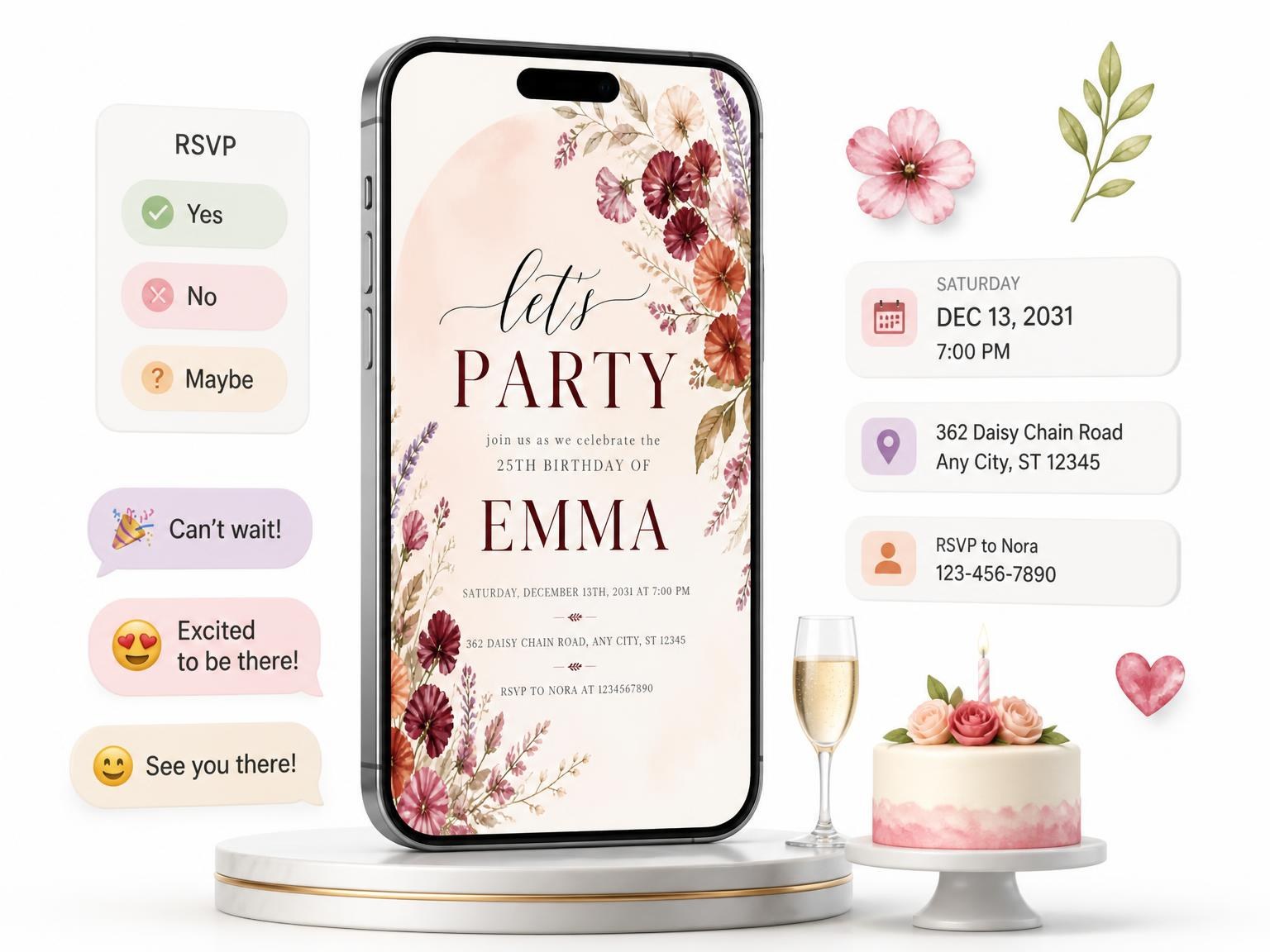 The Floral Sprays Autumn 25th Birthday Invitation invitation on a phone, with guest RSVPs arriving around it