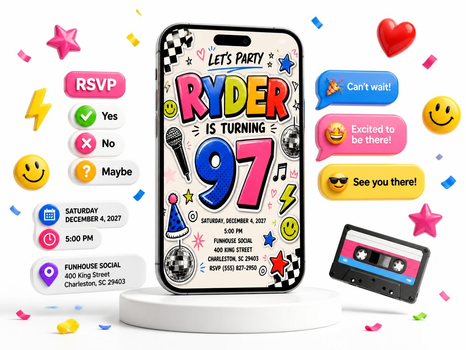 The Sticker Pop 97th Birthday Invitation invitation on a phone, with guest RSVPs arriving around it