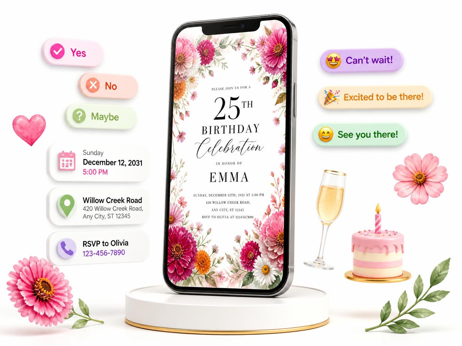 The Fuchsia Field Flowers 25th Birthday Invitation invitation on a phone, with guest RSVPs arriving around it