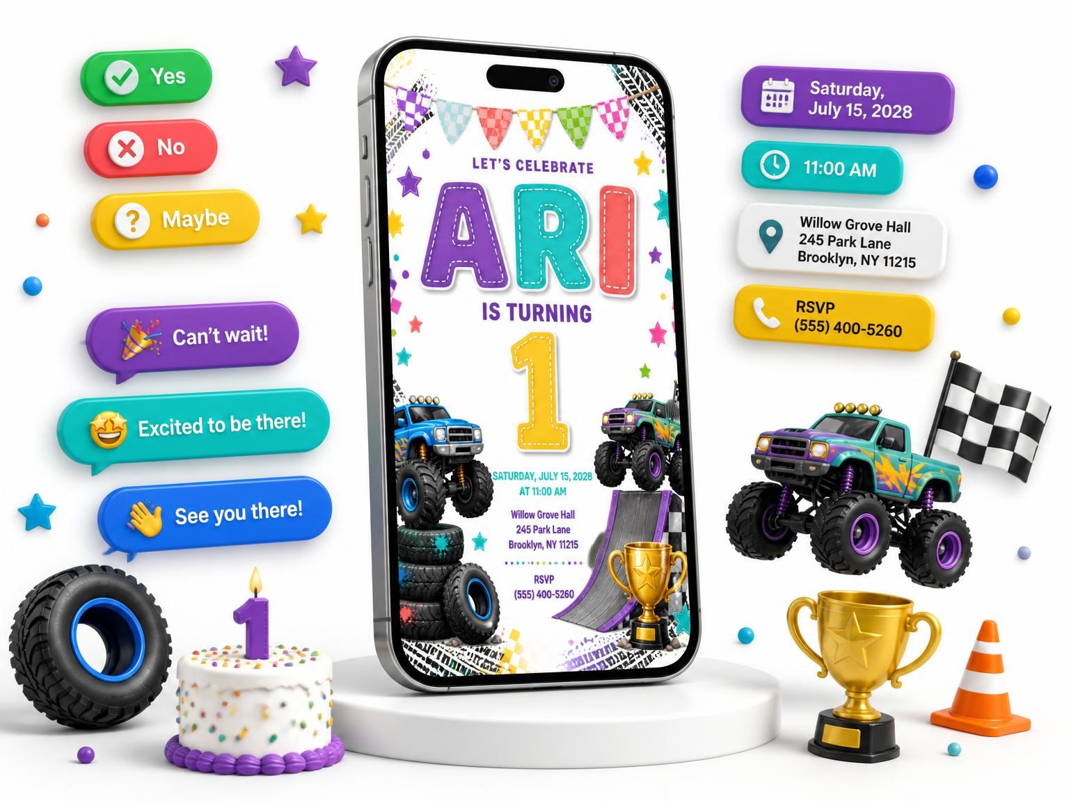 The Stitched Monster Truck 1st Birthday Invitation invitation on a phone, with guest RSVPs arriving around it