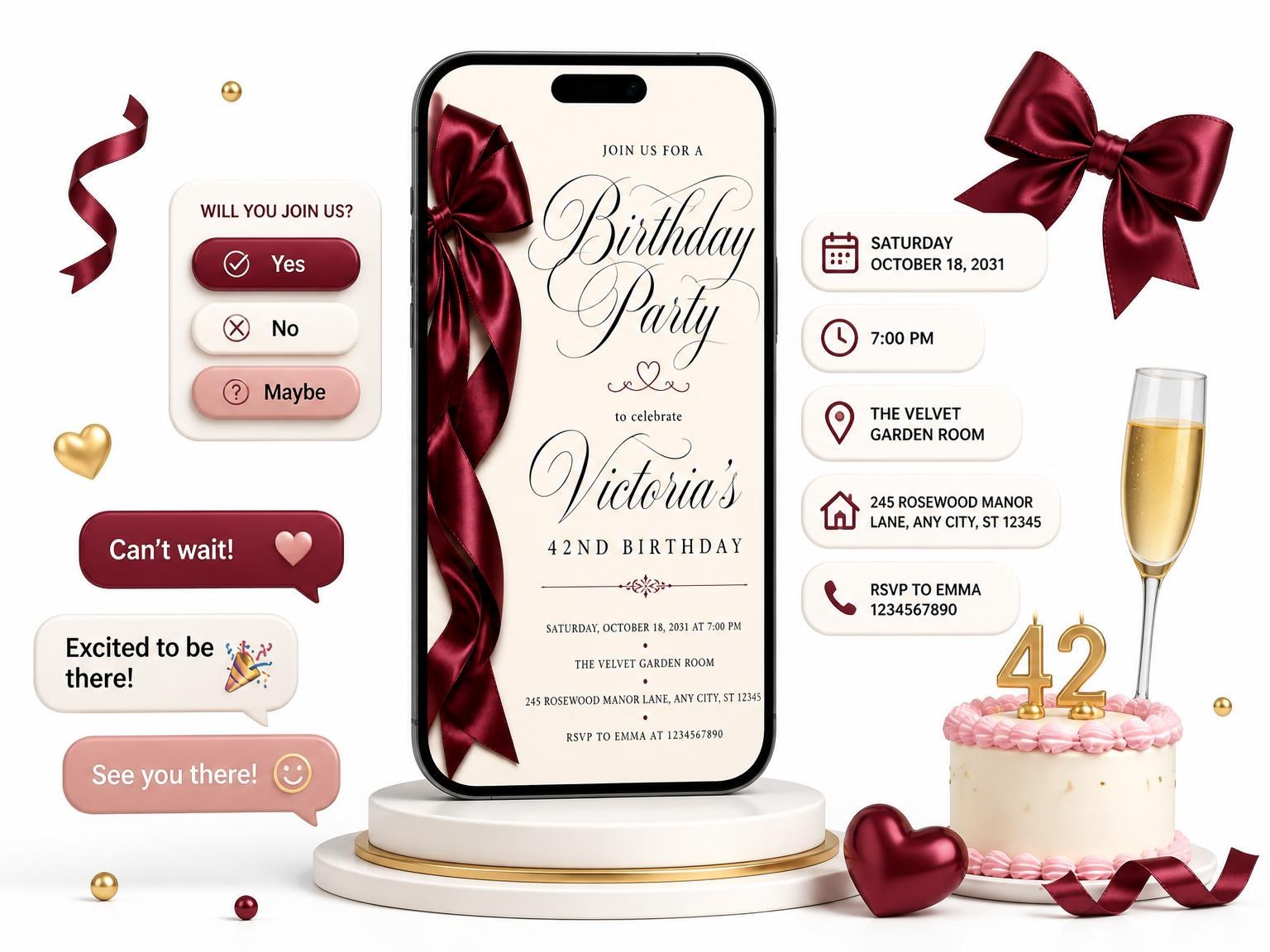 The Burgundy Satin Bow 42nd Birthday Invitation invitation on a phone, with guest RSVPs arriving around it