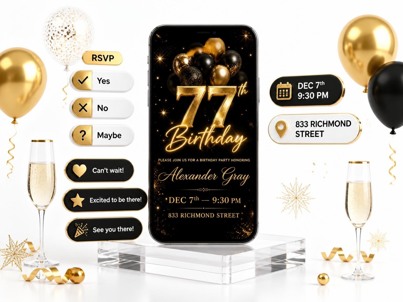 The Black and Gold Balloon 77th Birthday invitation on a phone, with guest RSVPs arriving around it