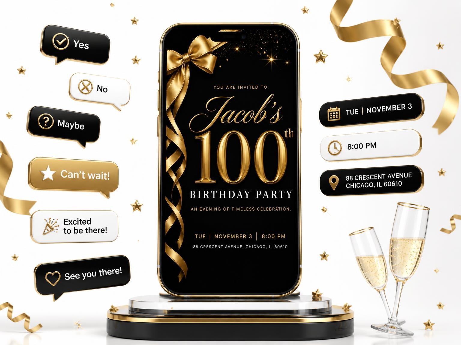 The Black and Gold Ribbon 100th Birthday invitation on a phone, with guest RSVPs arriving around it