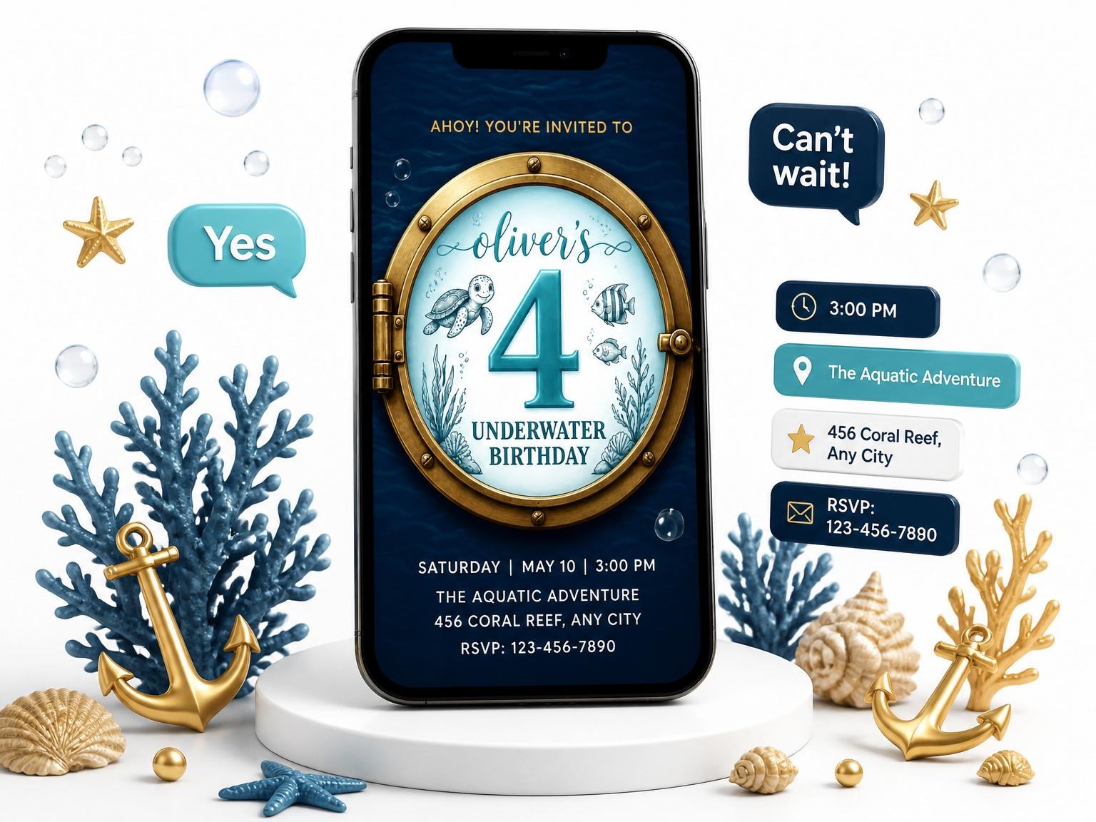 The Brass Porthole Sea Life 4th Birthday invitation on a phone, with guest RSVPs arriving around it