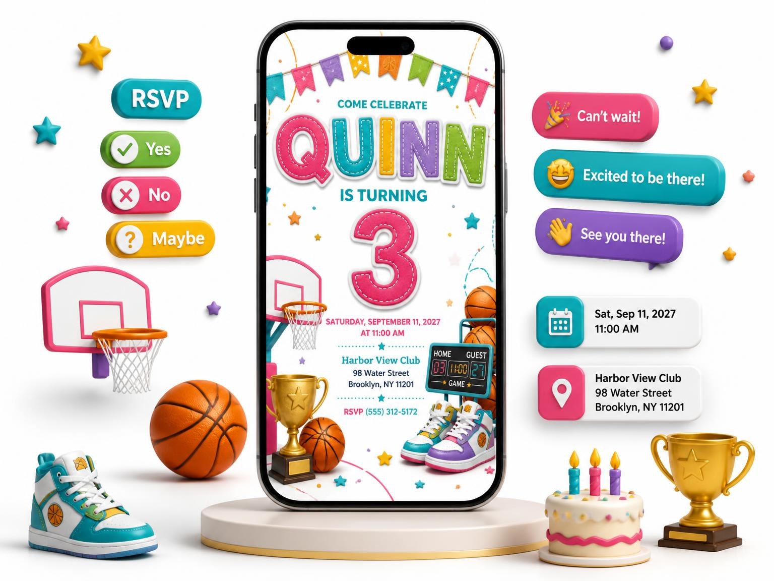 The Stitched Basketball 3rd Birthday Invitation invitation on a phone, with guest RSVPs arriving around it