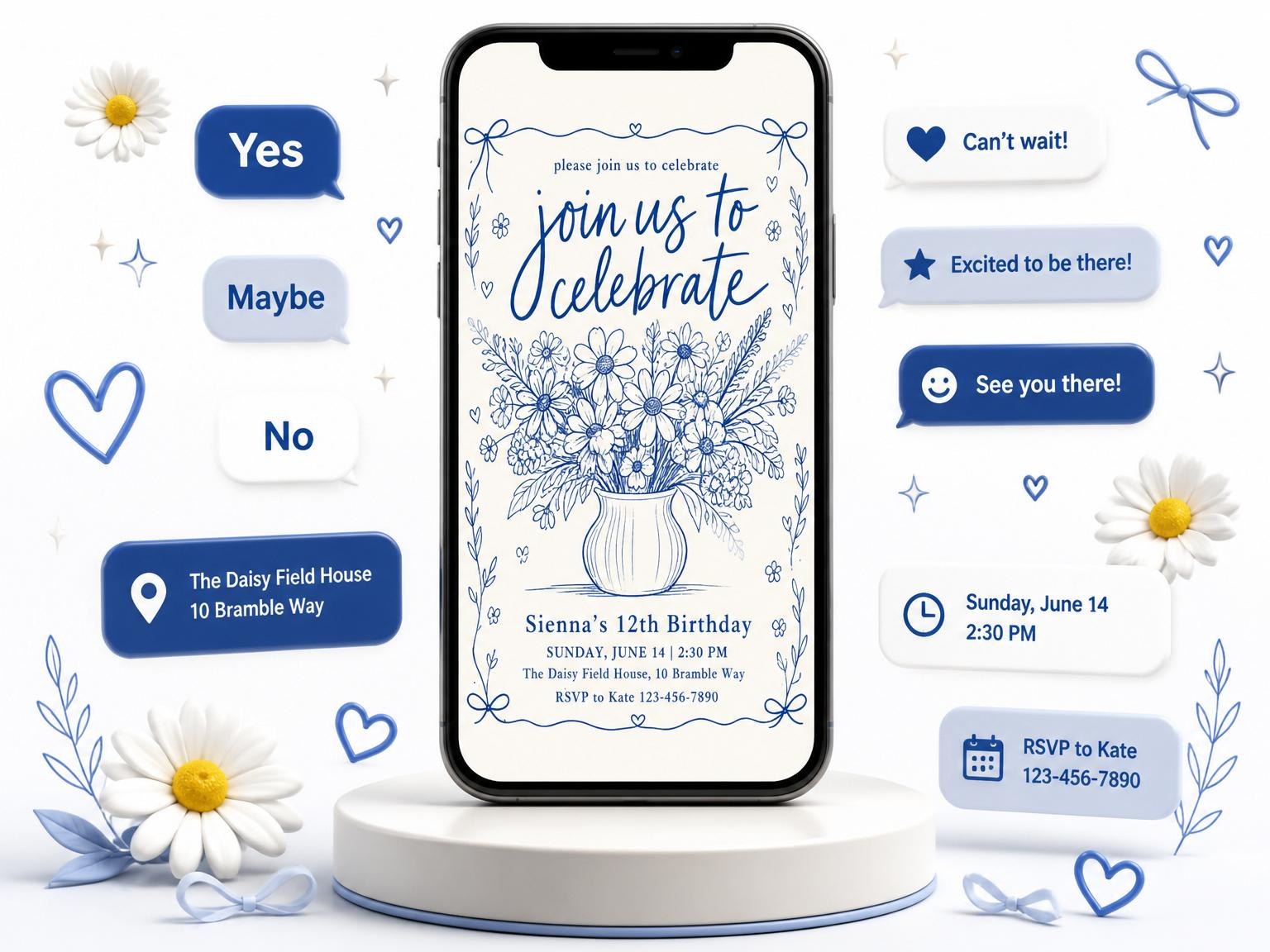 The Blue Ink Daisy Bouquet 12th Birthday invitation on a phone, with guest RSVPs arriving around it