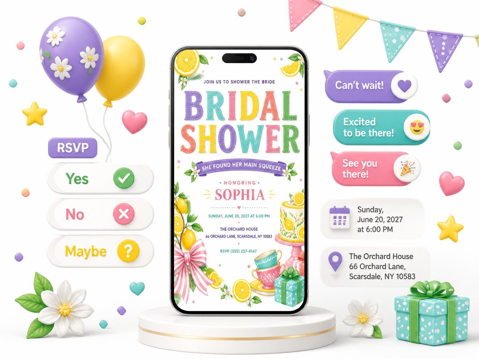 The Lemon Blossom Bridal Shower Invitation invitation on a phone, with guest RSVPs arriving around it