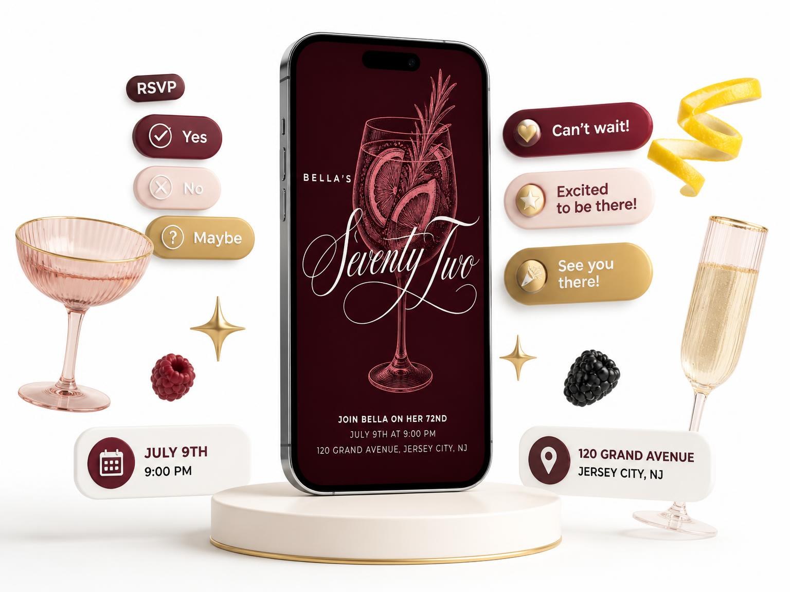 The Burgundy Cocktail 72nd Birthday Invitation invitation on a phone, with guest RSVPs arriving around it