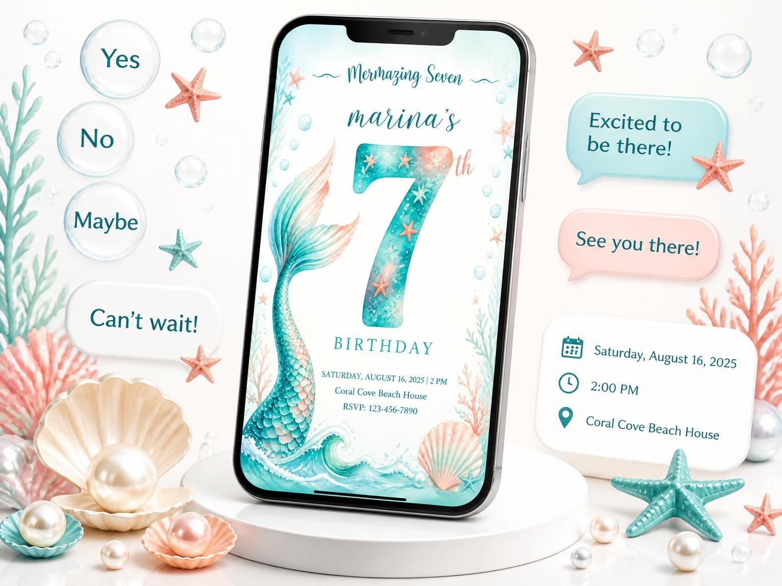 The Teal and Coral Mermaid 7th Birthday invitation on a phone, with guest RSVPs arriving around it