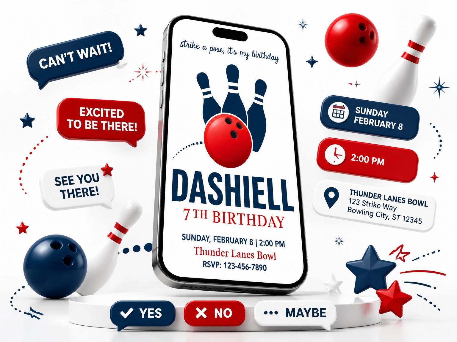 The Red and Navy Bowling 7th Birthday invitation on a phone, with guest RSVPs arriving around it
