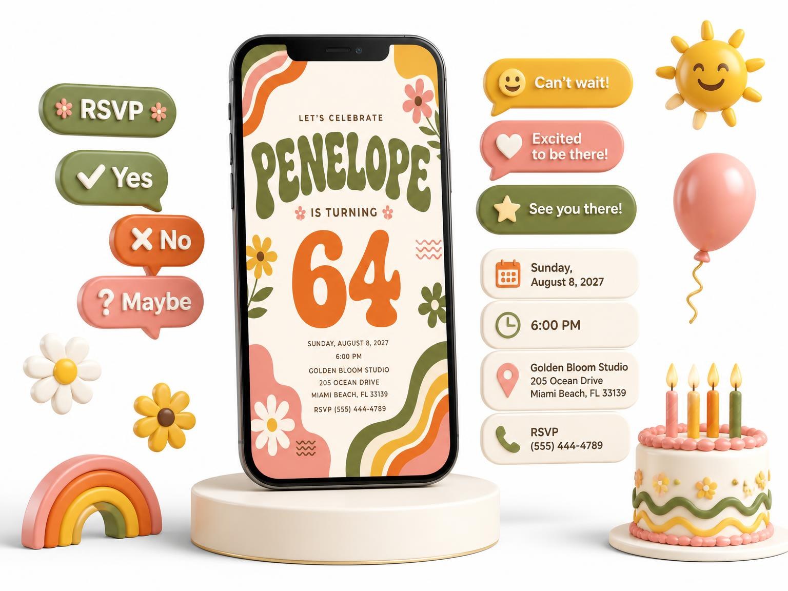 The Groovy Retro 64th Birthday Invitation invitation on a phone, with guest RSVPs arriving around it