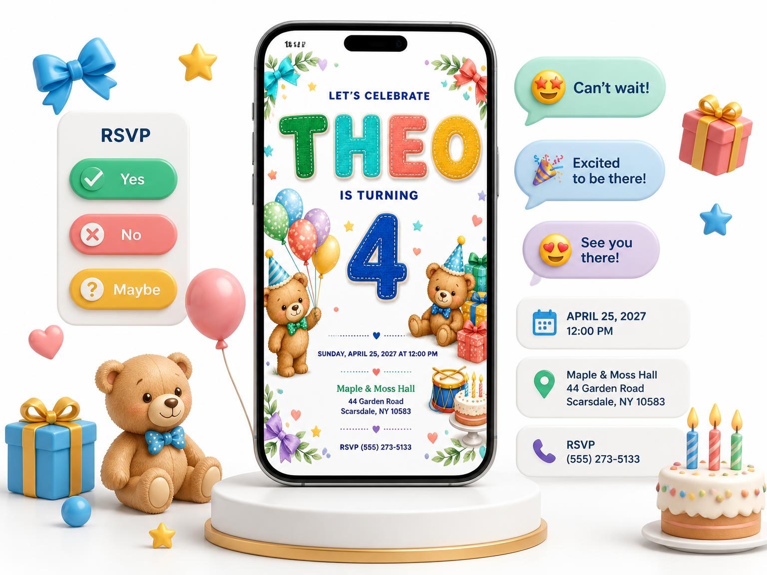 The Stitched Teddy Bear 4th Birthday Invitation invitation on a phone, with guest RSVPs arriving around it