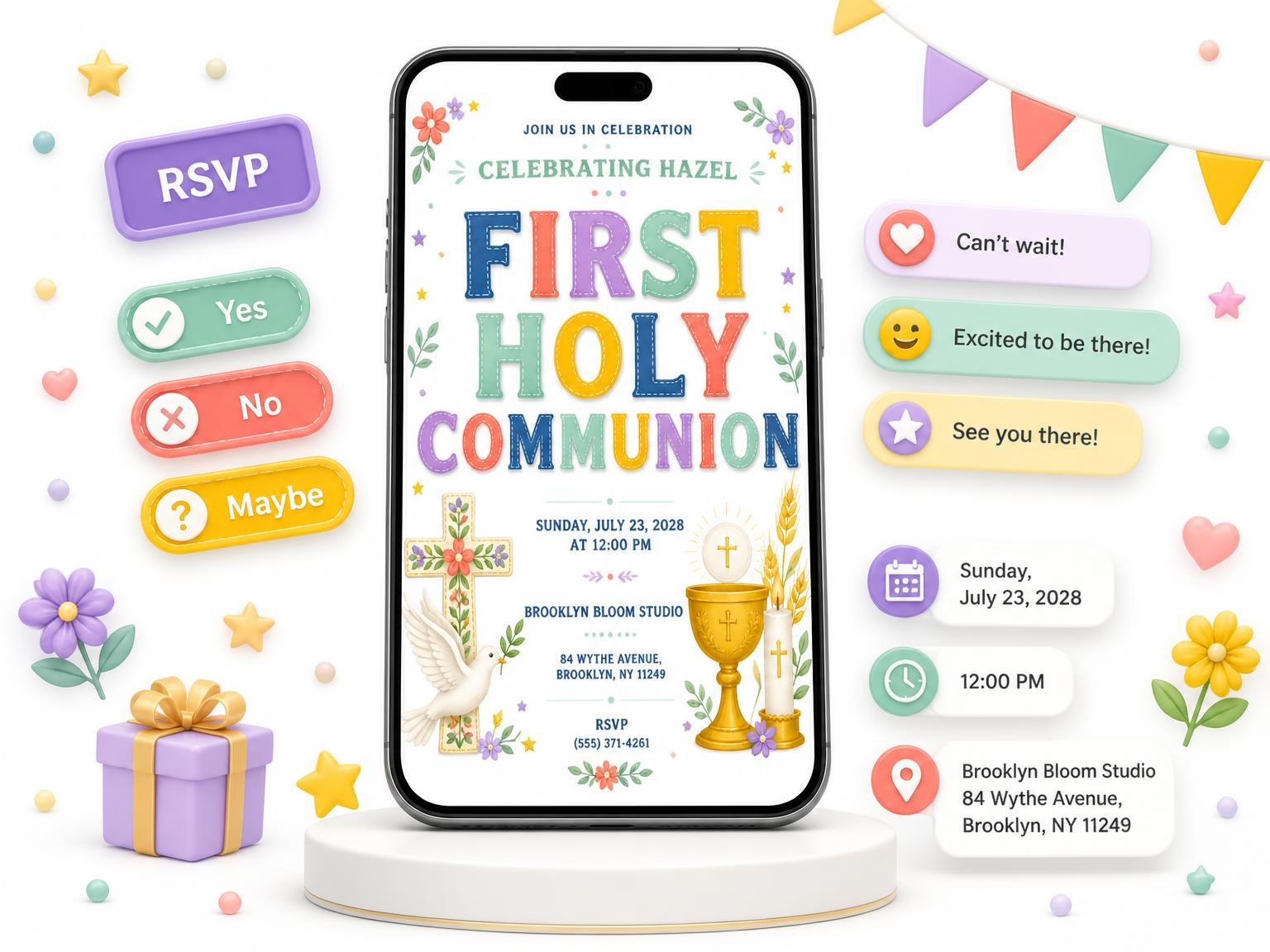 The Chalice First Holy Communion Invitation invitation on a phone, with guest RSVPs arriving around it