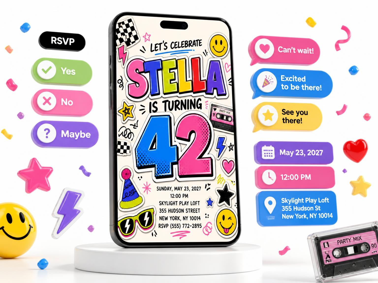 The Sticker Pop 42nd Birthday Invitation invitation on a phone, with guest RSVPs arriving around it
