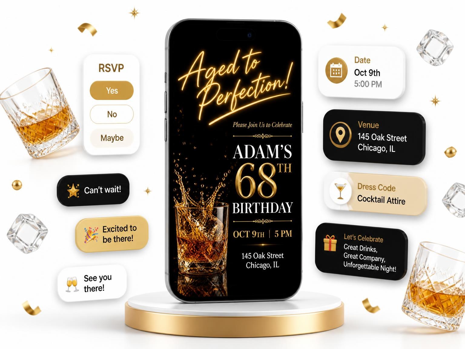 The Whiskey Glass 68th Birthday Invitation invitation on a phone, with guest RSVPs arriving around it
