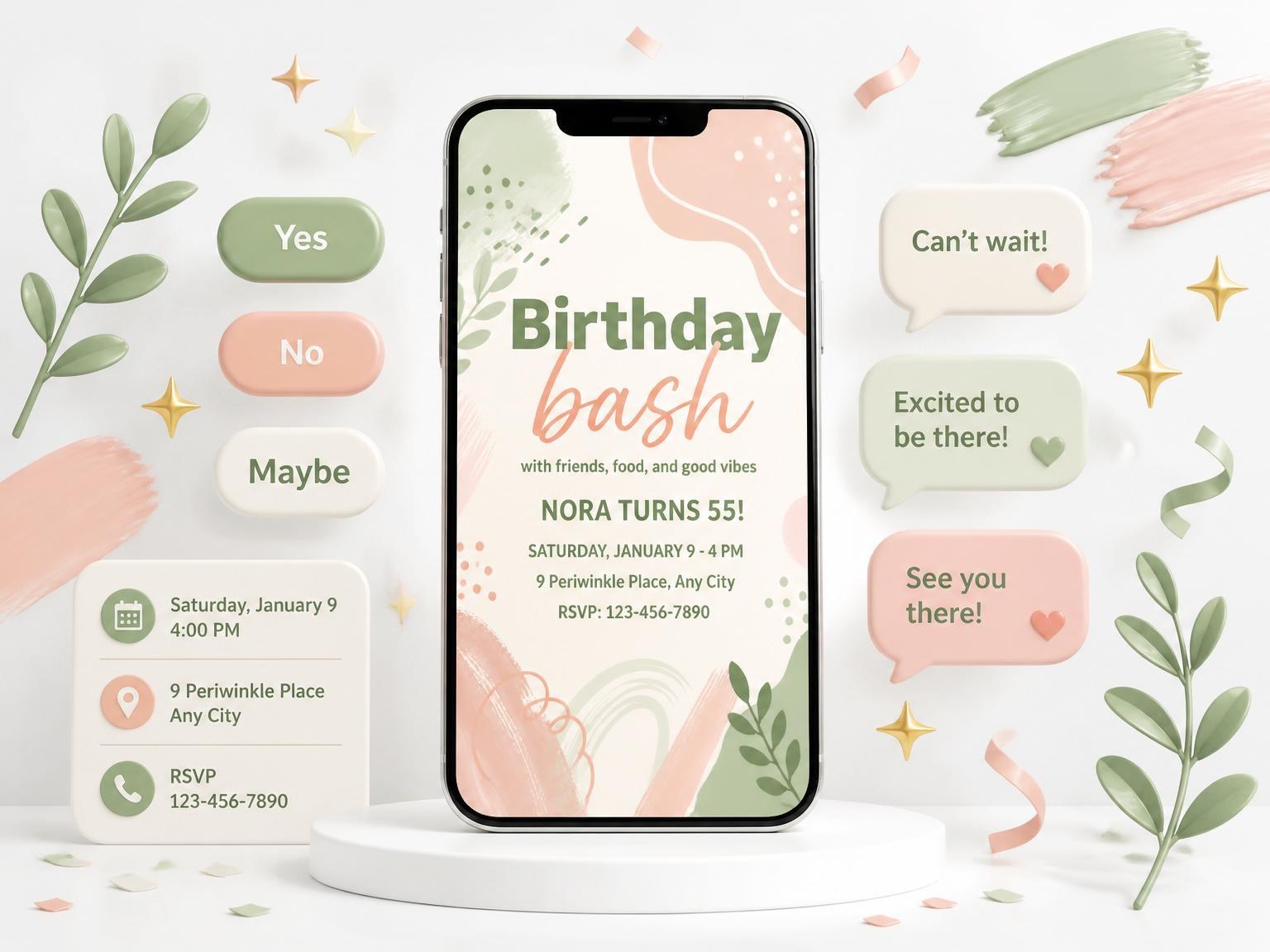 The Sage and Coral Abstract Birthday invitation on a phone, with guest RSVPs arriving around it