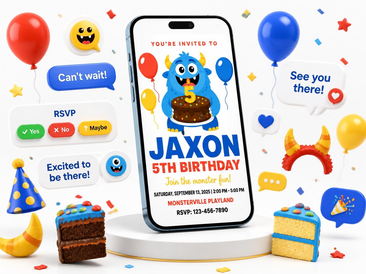 The Blue Monster 5th Birthday Invitation invitation on a phone, with guest RSVPs arriving around it