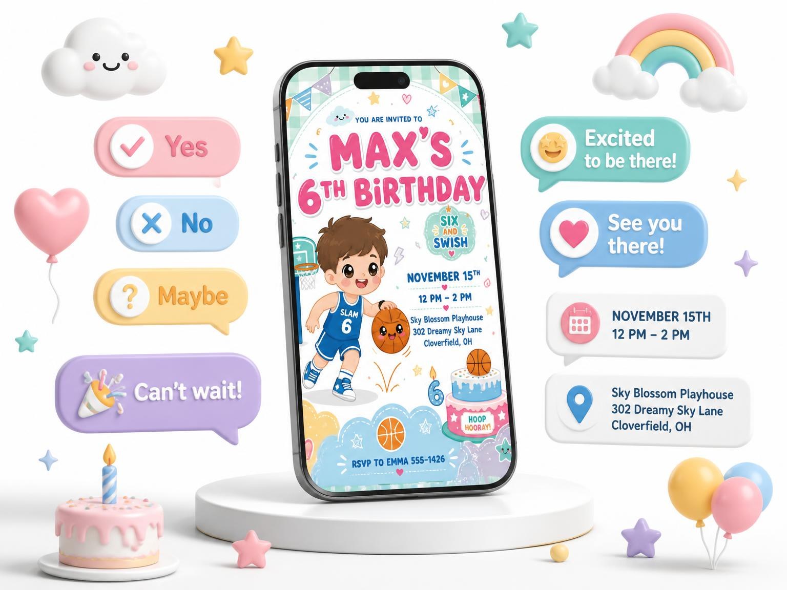 The Kawaii Basketball 6th Birthday Invitation invitation on a phone, with guest RSVPs arriving around it