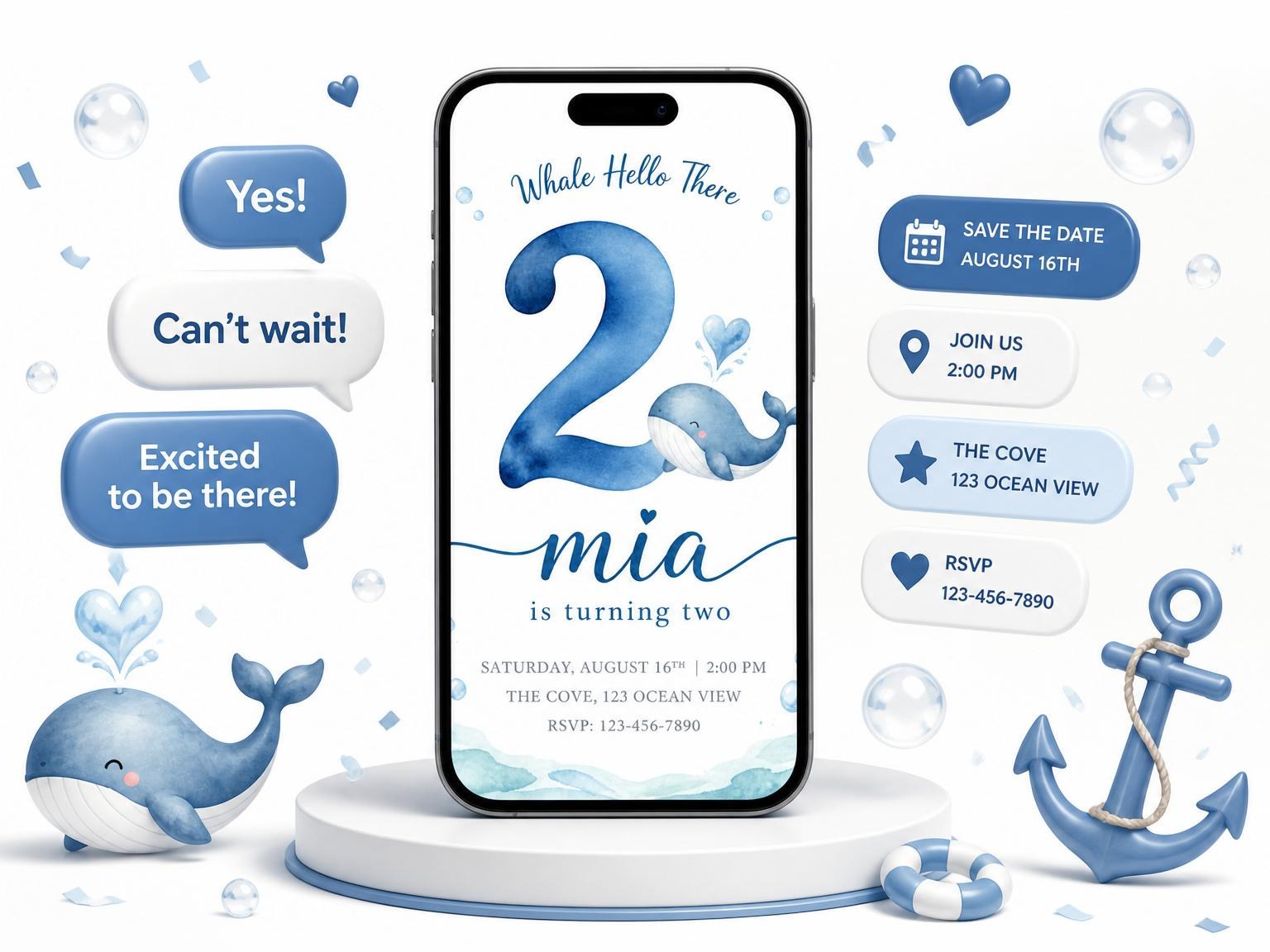 The Blue Watercolor Whale 2nd Birthday invitation on a phone, with guest RSVPs arriving around it