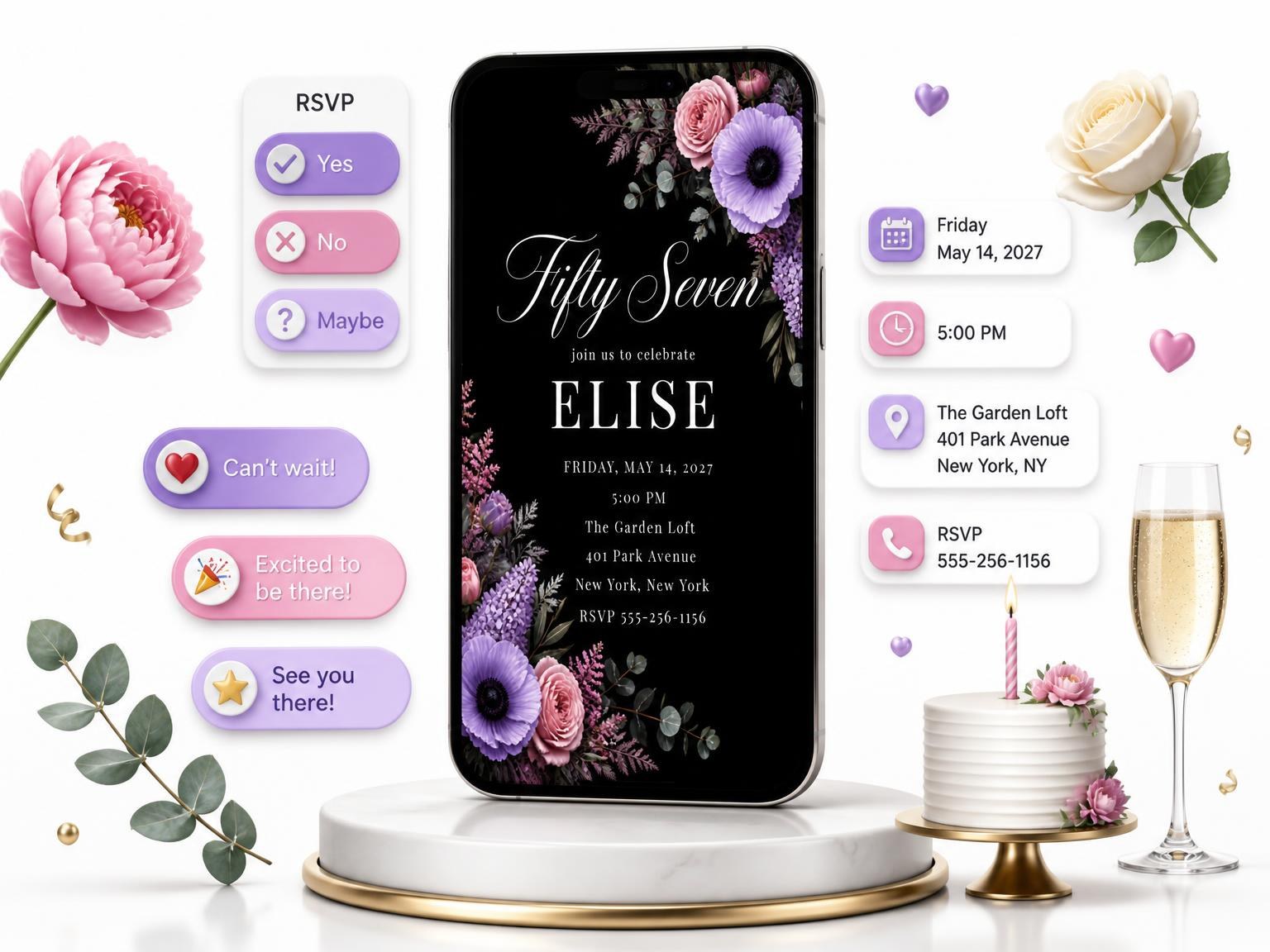 The Black Floral 57th Birthday Invitation invitation on a phone, with guest RSVPs arriving around it