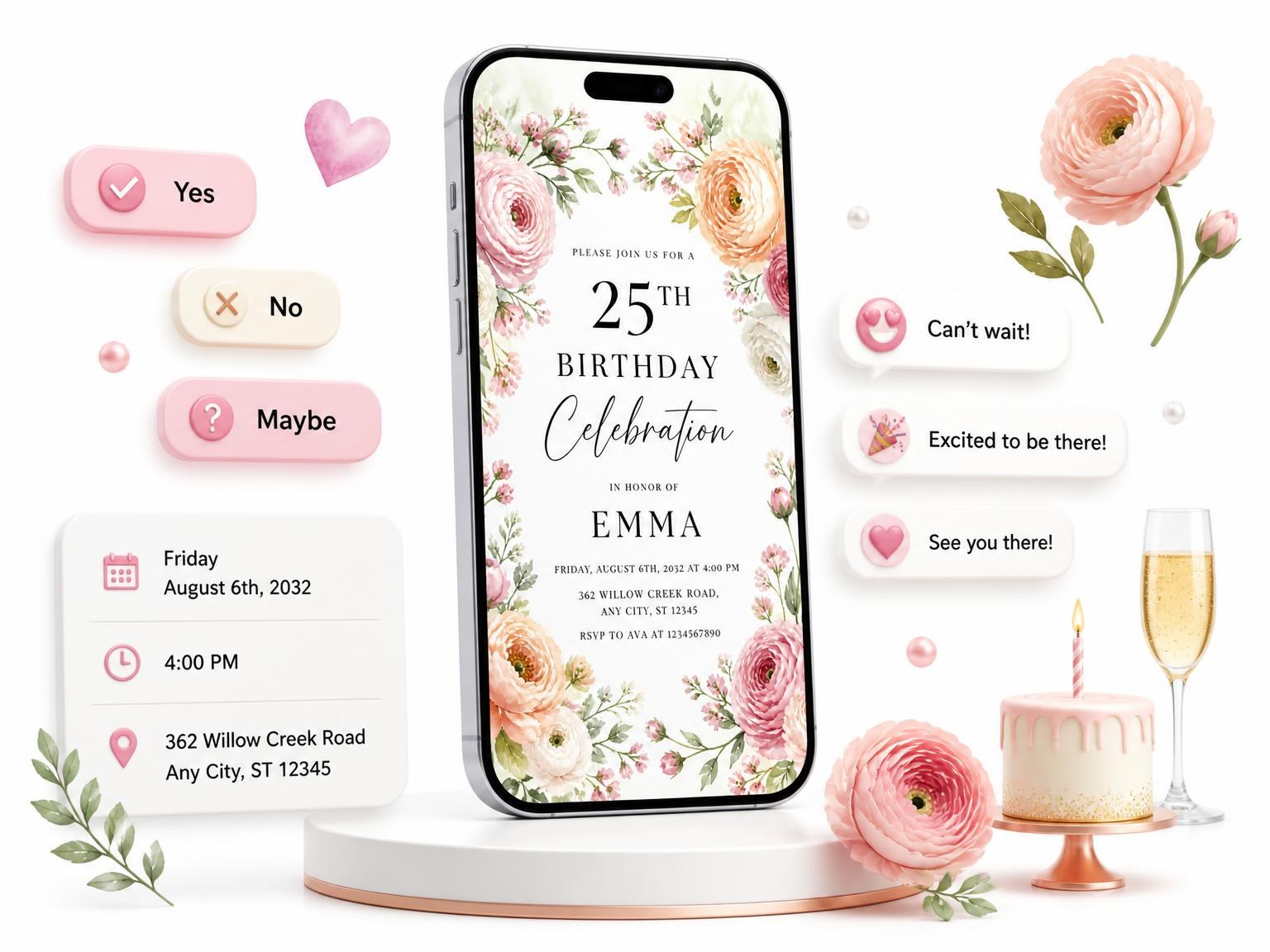 The Ranunculus Wreath Blush 25th Birthday Invitation invitation on a phone, with guest RSVPs arriving around it