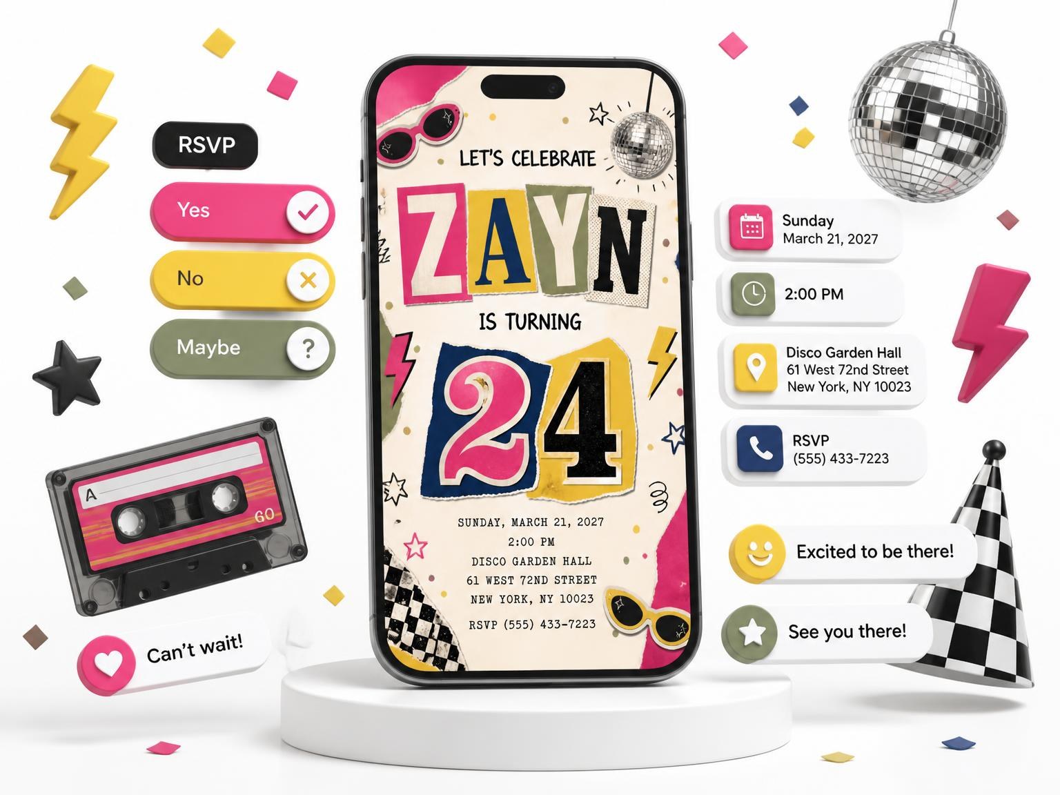 The Retro Paper Collage 24th Birthday Invitation invitation on a phone, with guest RSVPs arriving around it