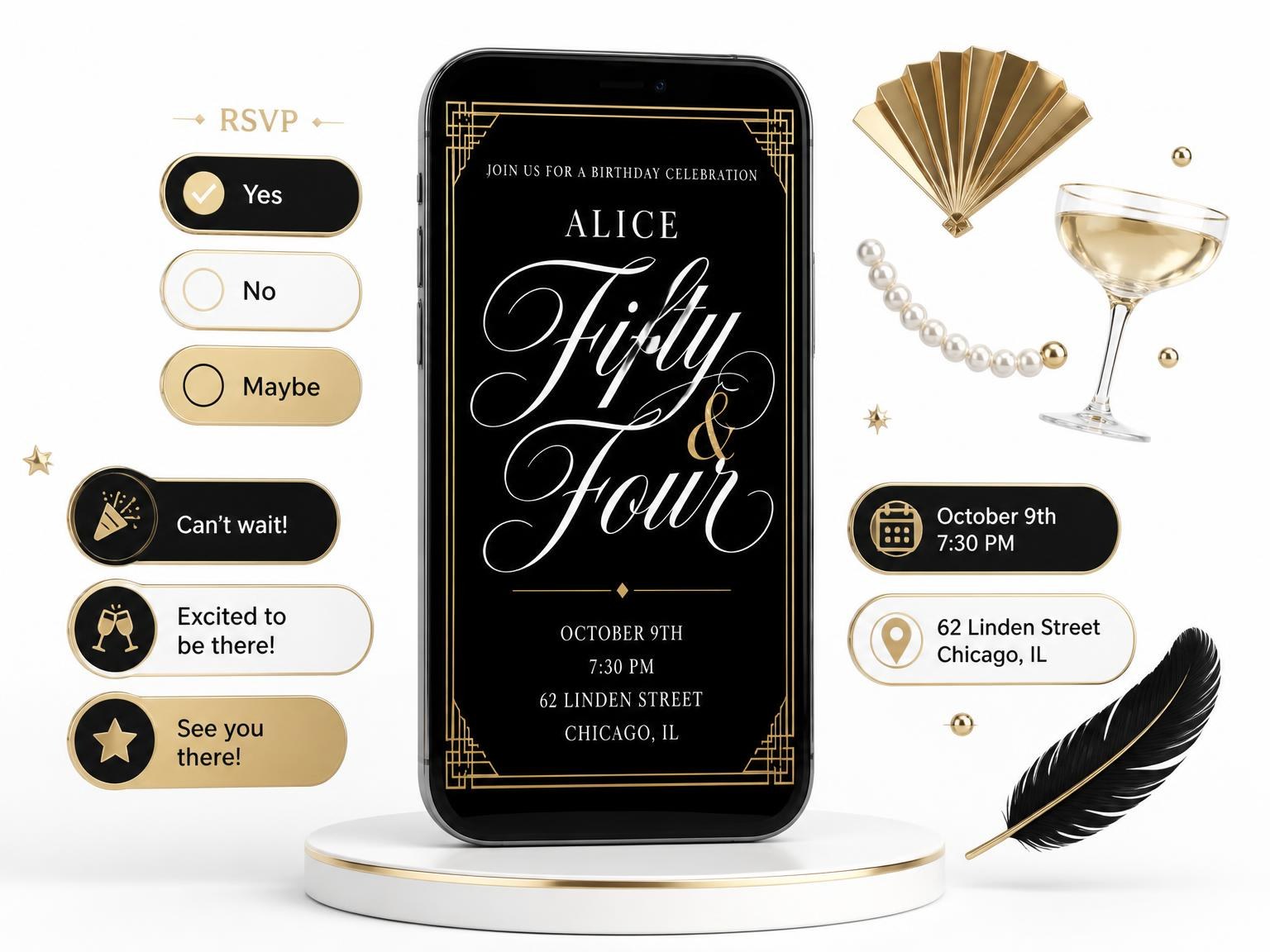 The Art Deco 54th Birthday Invitation invitation on a phone, with guest RSVPs arriving around it