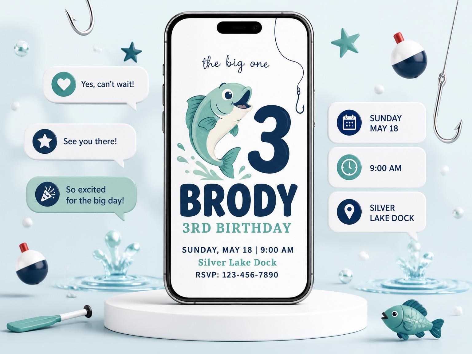 The Blue Lake Fishing 3rd Birthday invitation on a phone, with guest RSVPs arriving around it