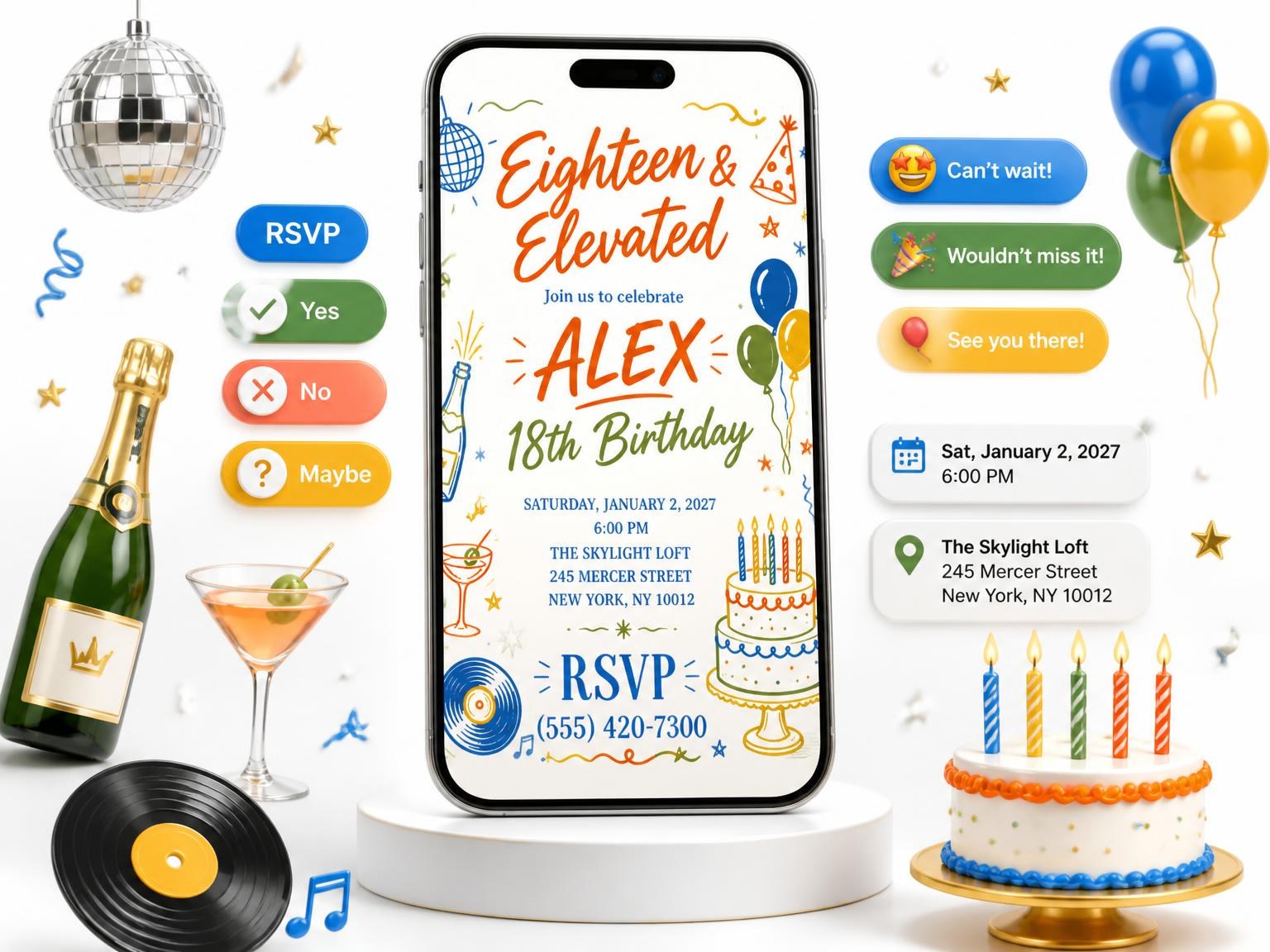 The Retro Doodle 18th Birthday Invitation invitation on a phone, with guest RSVPs arriving around it