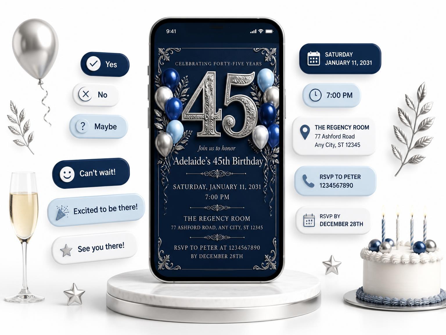 The Navy and Silver 45th Birthday Invitation invitation on a phone, with guest RSVPs arriving around it